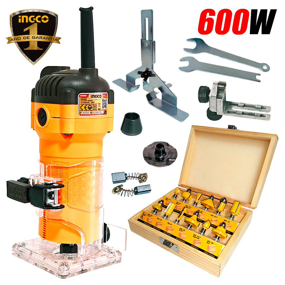 RUTEADORA FRESADORA TUPI DE MANO 6MM ¼″ PROFESIONAL INGCO PLM6001 600W 34500RPM + 12 FRESAS - 1