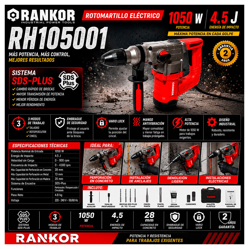 MARTILLO PERFORADOR ROTOMARTILLO INDUSTRIAL SDS-PLUS RANKOR RH105001 1050W 28MM 4.5J 4.8KG - 9