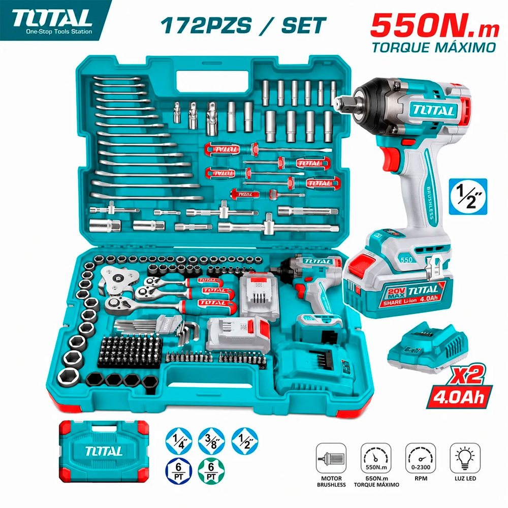 LLAVE DE IMPACTO 1/2'' TOTAL THKTHP41728 20V 550NM 2BAT X 4AH BRUSHLESS + 172 ACCESORIOS - 1