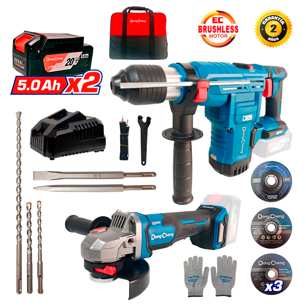 COMBO DONGCHENG BRUSHLESS INALÁMBRICO DCKIT59.02FK ROTOMARTILLO SDS PLUS 3.5J + AMOLADORA 5″ 3 VELOCIDADES HOMBRE MUERTO - 1