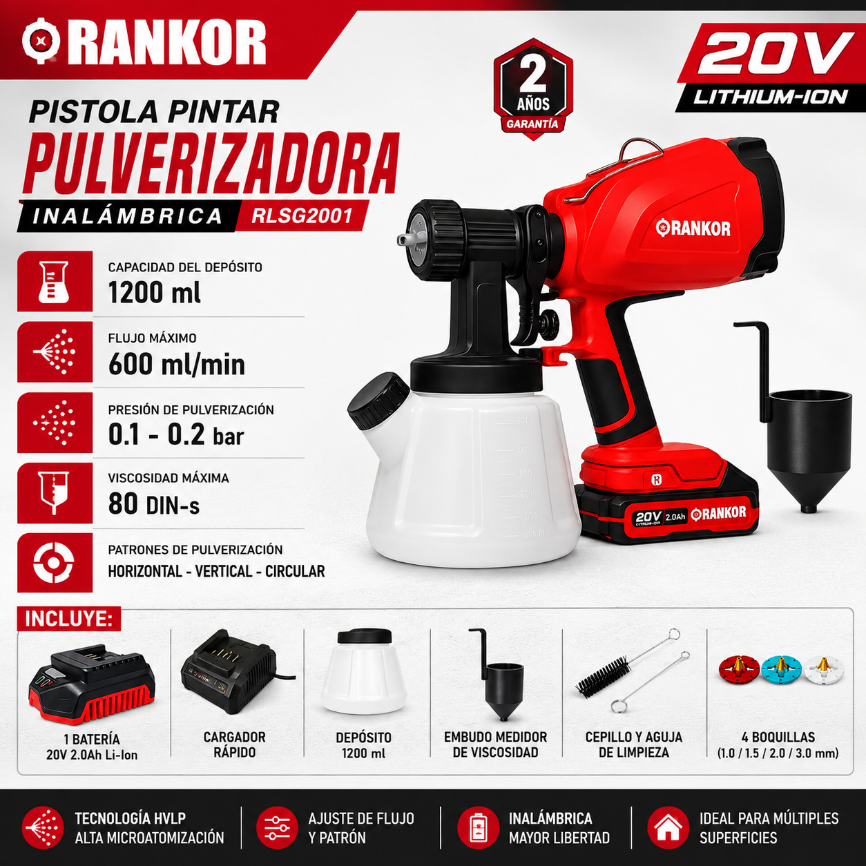 PISTOLA PINTAR PULVERIZADORA INALAMBRICA RANKOR RLSG2001 20V 1200ML 1BAT X 2AH - 10