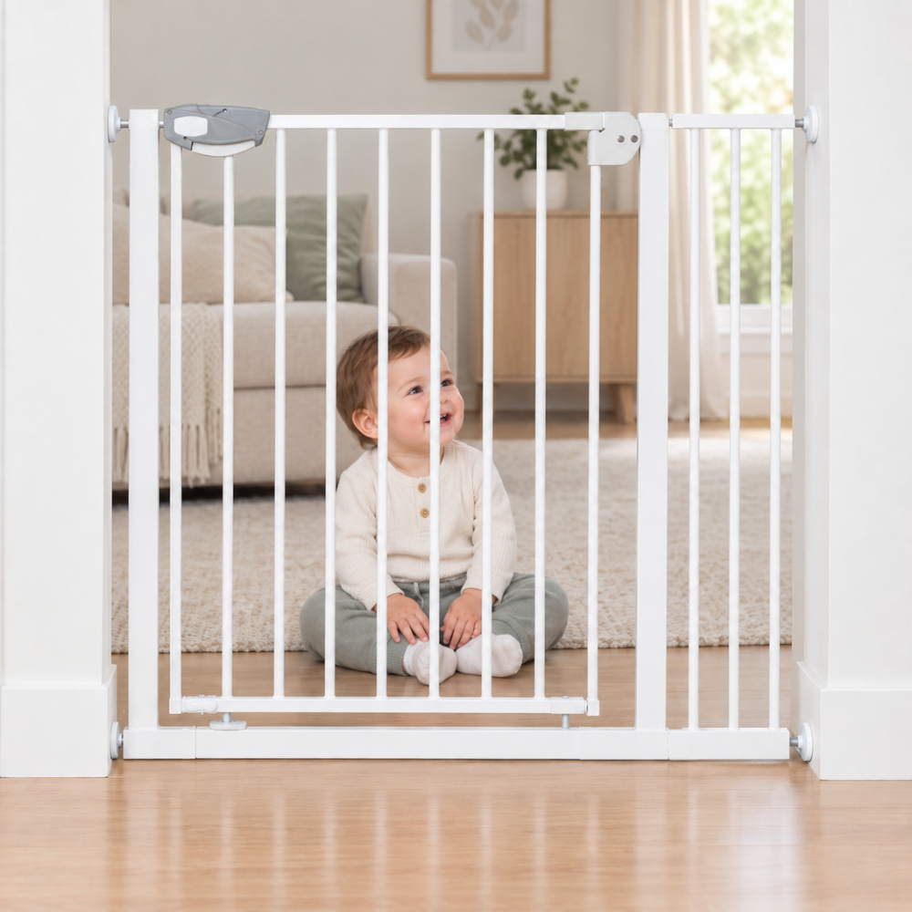 REJA SEGURIDAD BABYKISS BLANCO METAL PARA BEBES Y MASCOTAS 78-104CM DE ANCHO - 1