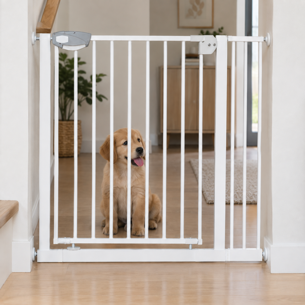 REJA SEGURIDAD BABYKISS BLANCO METAL PARA BEBES Y MASCOTAS 78-104CM DE ANCHO - 2