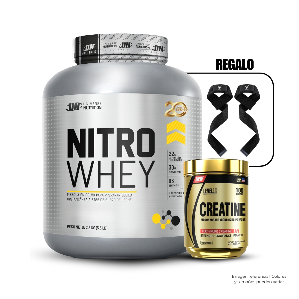 NITRO WHEY 5.5LB VAINILLA+CREATINA LEVEL PRO 250GRSTRAPS - 1