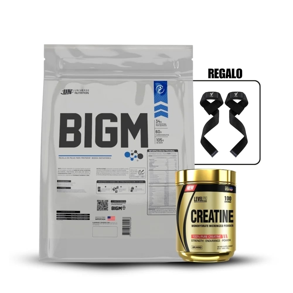 BIGM 3 KG COOKIES Y CREAM+CREATINA LEVEL PRO 250GRSTRAPS - 1