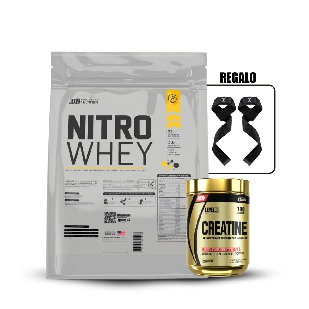 NITRO WHEY 5 KG CHOCOLATE+CREATINA LEVEL PRO 250GRSTRAPS - 1