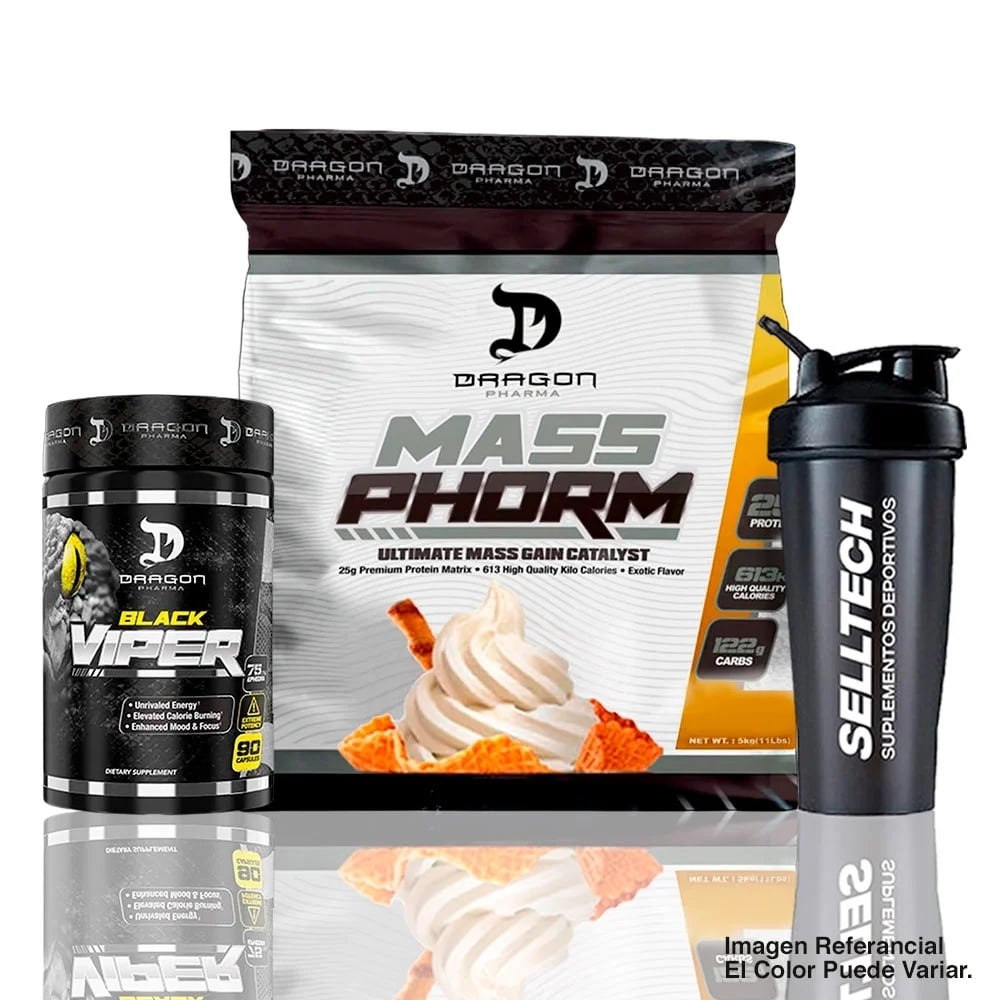PACK DRAGON PHARMA MASSPHORM 12LB VAINILLA + BLACK VIPER 90 CAPS + SHAKER - 1