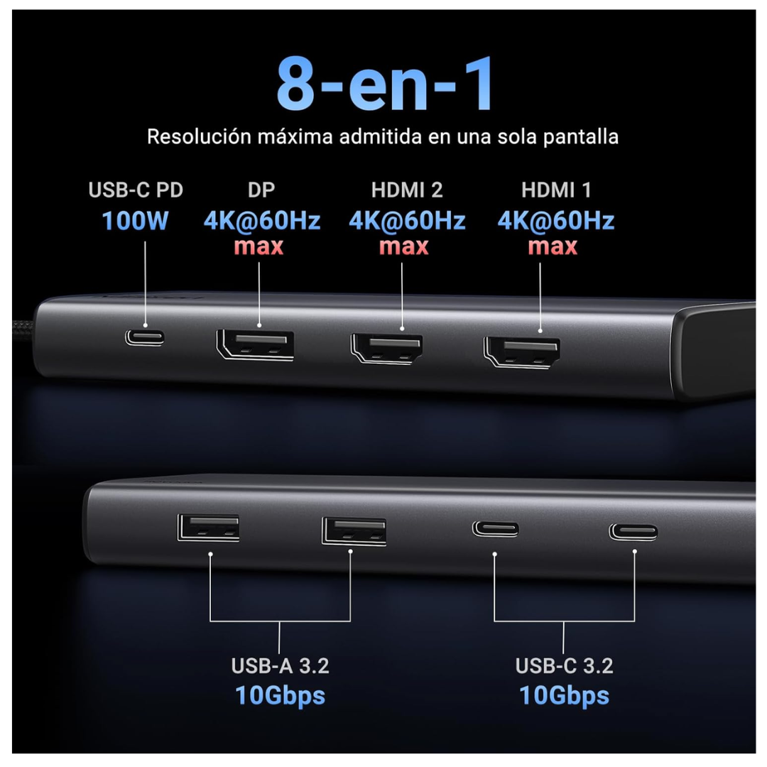 ADAPTADOR UGREEN HUB REVODOK 8 EN 1 HDMI DP 4K 60HZ USB TIPO-C - 2