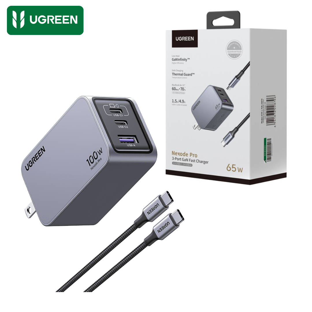 CABLE CARGADOR DE PARED CARGA RAPIDA UGREEN 100W USB 2 TIPO-C 1 USB - 1