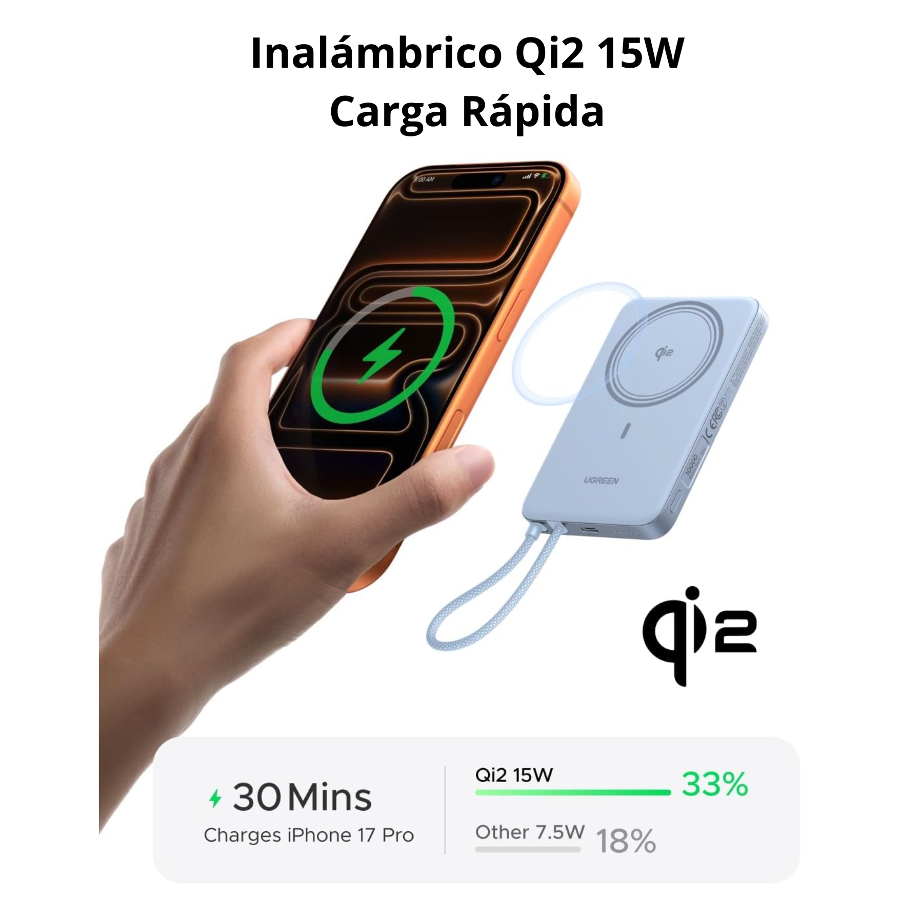 POWER BANK UGREEN 30W CARGADOR INALÁMBRICO QI2 MAGFLOW DE 15W UGREEN PARA SAMSUNG XIOAMI HONOR - 2