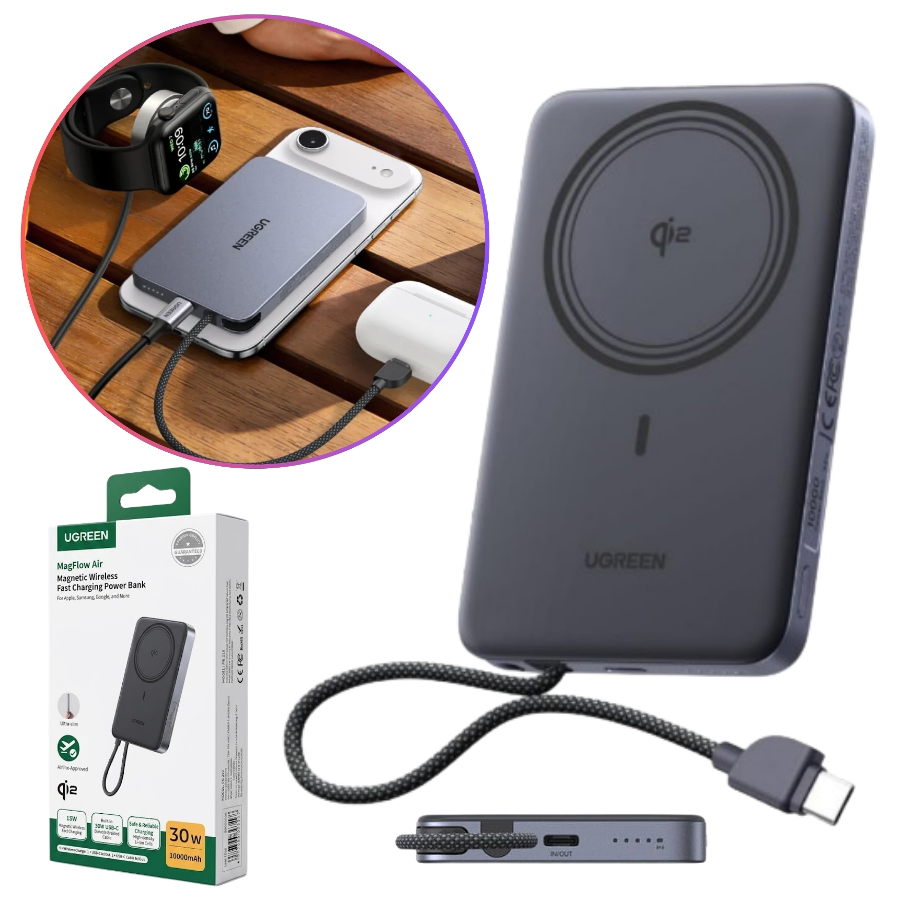 POWER BANK UGREEN 30W CARGADOR INALÁMBRICO QI2 MAGFLOW DE 15W UGREEN 75982B PARA IPHONE SAMSUNG - 7