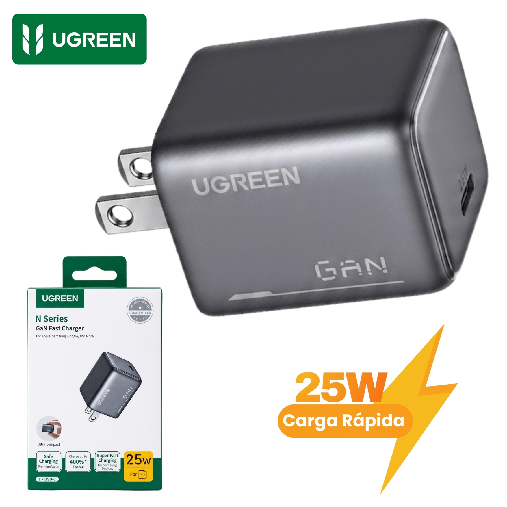 CARGADOR UGREEN TYPE C 25W GAN PD CARGA RAPIDA UGREEN X517 - 75955 PARA IPAD XIAOMI SAMSUNG OPPO - 1