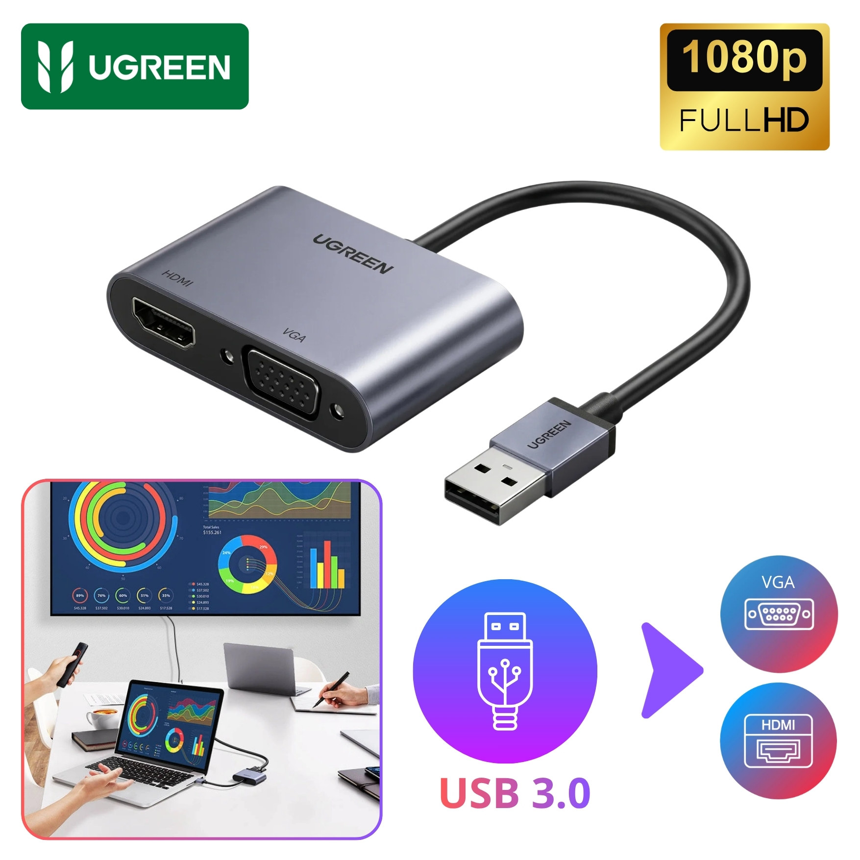 CONVERTIDOR UGREEN ADAPTADOR USB 3.0 A HDMI+VGA 1080P 60HZ PARA LAPTOP - 1