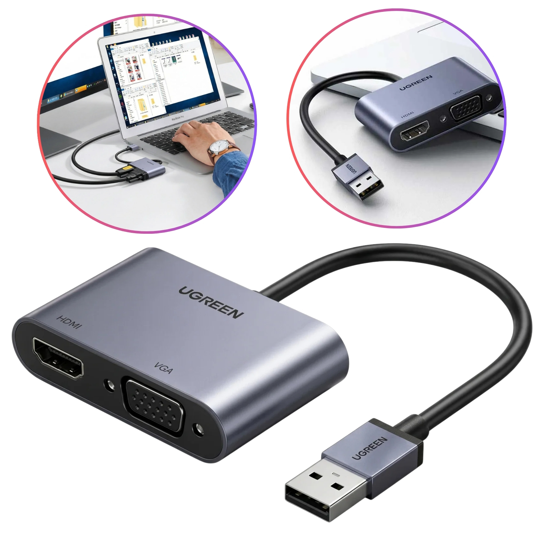 CONVERTIDOR UGREEN ADAPTADOR USB 3.0 A HDMI+VGA 1080P 60HZ PARA LAPTOP - 2