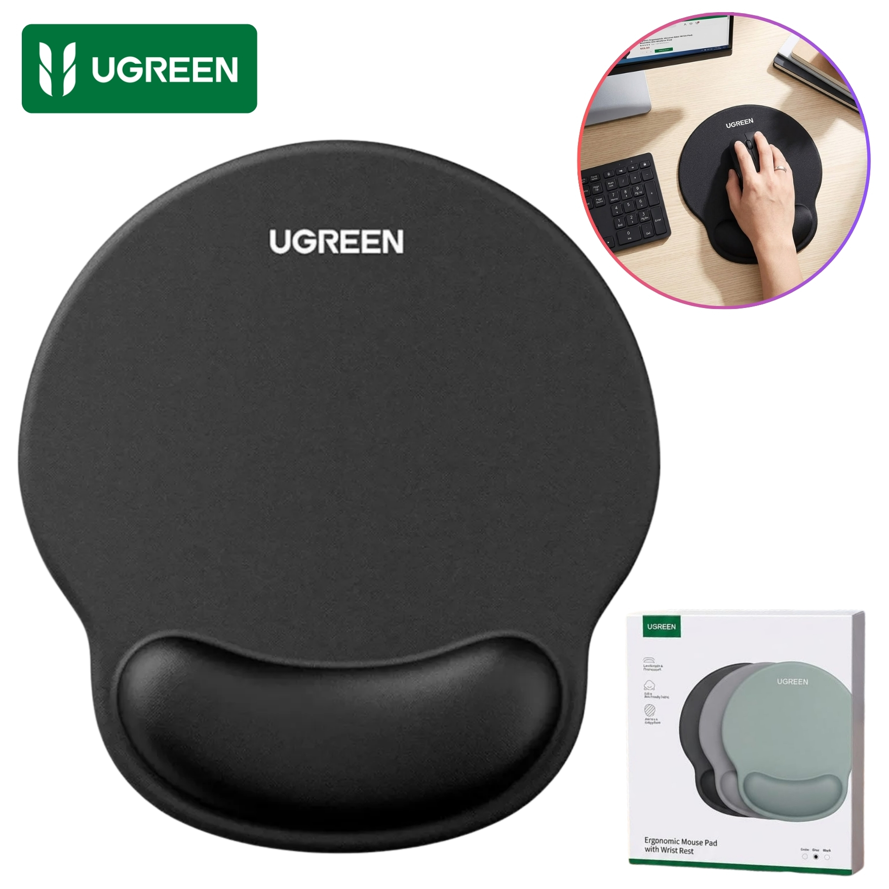 MOUSE PAD UGREEN CON SOPORTE GEL ERGONÓMICO Y ANTIDESLIZANTE CALIDAD PREMIUN LP668 25245 NEGRO - 1
