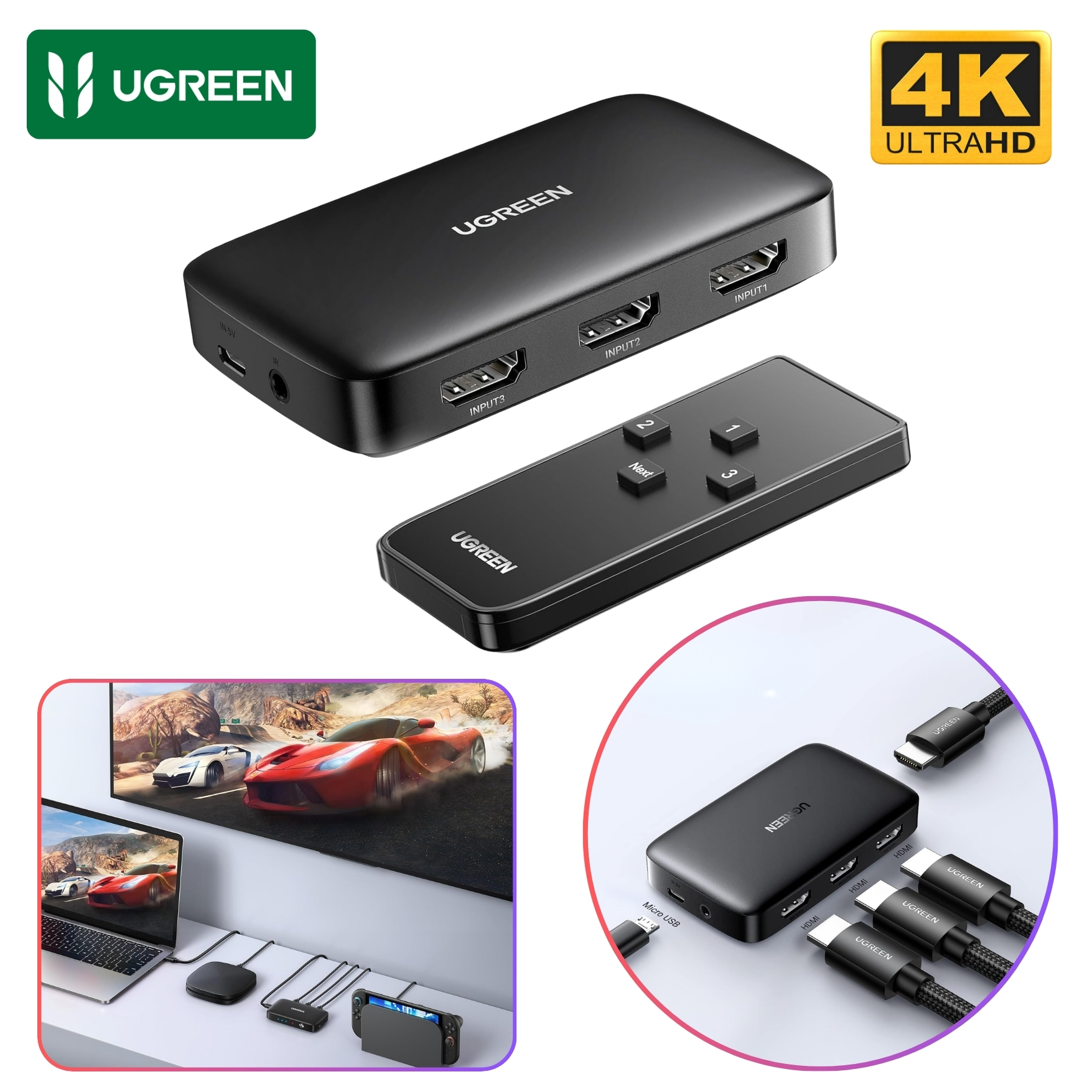 CONMUTADOR SWITCH HDMI UGREEN 3 EN 1 4K 30HZ CON CONTROL REMOTO  COMPATIBLE CON PS4 PS5 SWITCH - 1