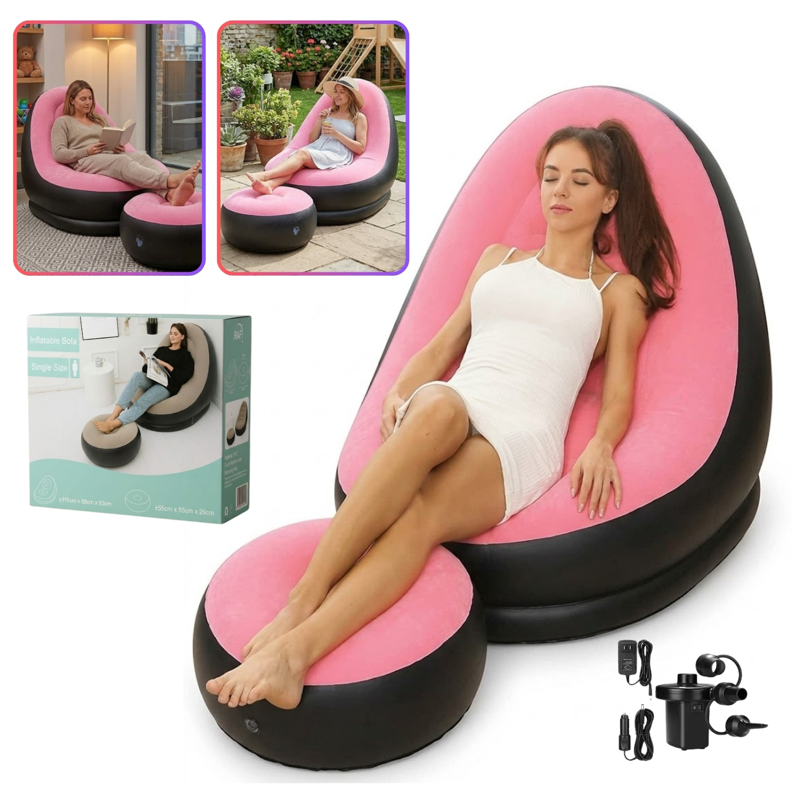 SOFA PUFF MUEBLE INFLABLE CON REPOSA PIES COMODO PARA HOGAR JARDIN BALCON Y OFICINA - 1