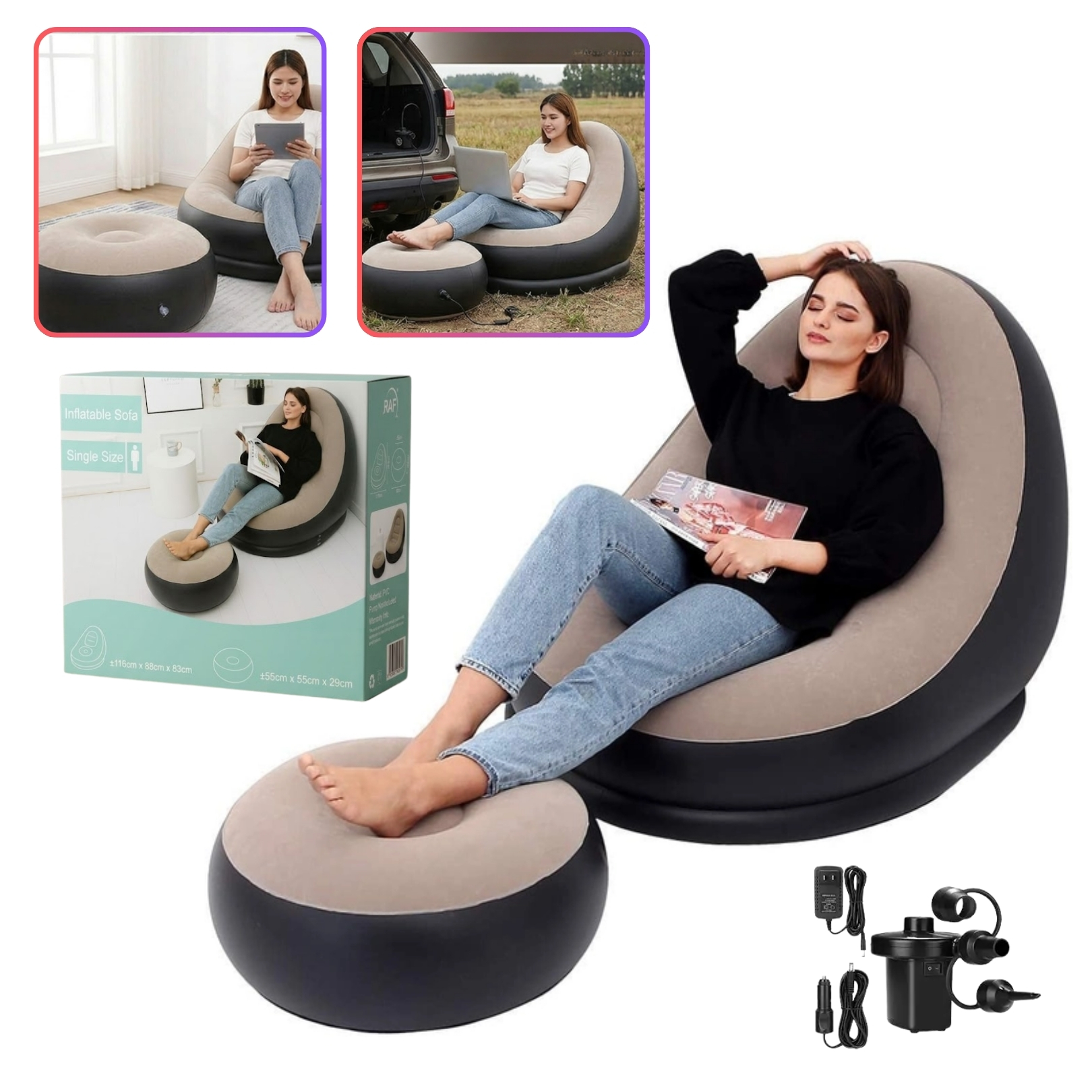 SOFA PUFF MUEBLE INFLABLE CON REPOSA PIES COMODO PARA HOGAR JARDIN BALCON Y OFICINA - 1