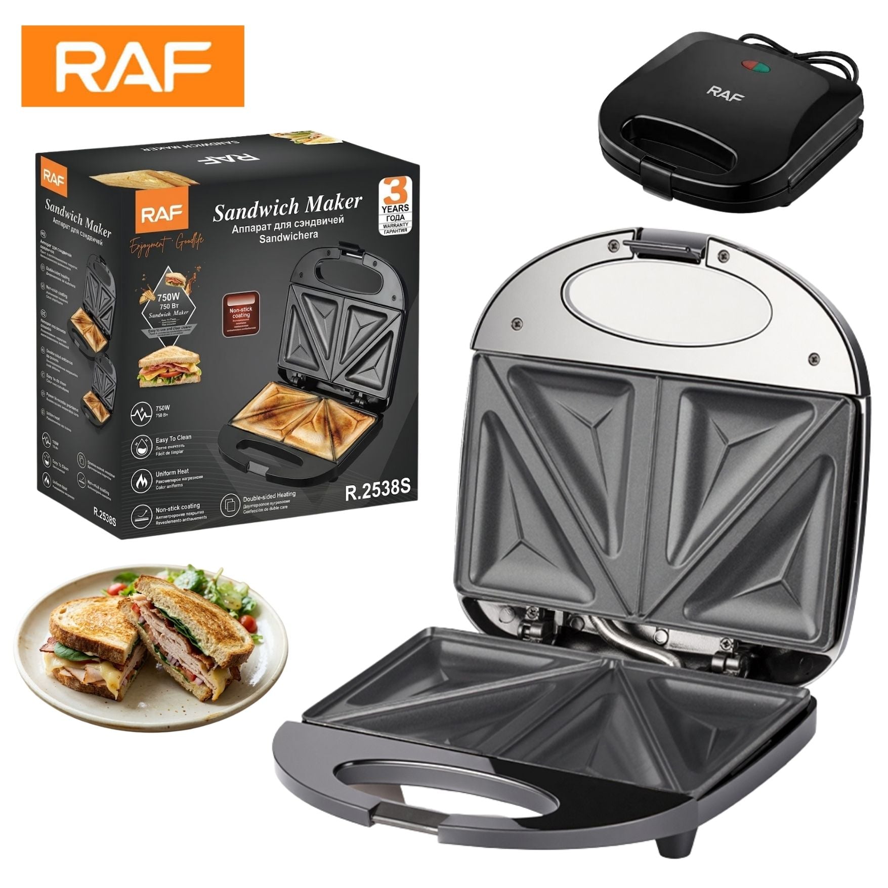 MAQUINA SANDWICHERA ELECTRICA RAF ANTIADHERENTE 750W DOBLE CARA - 1