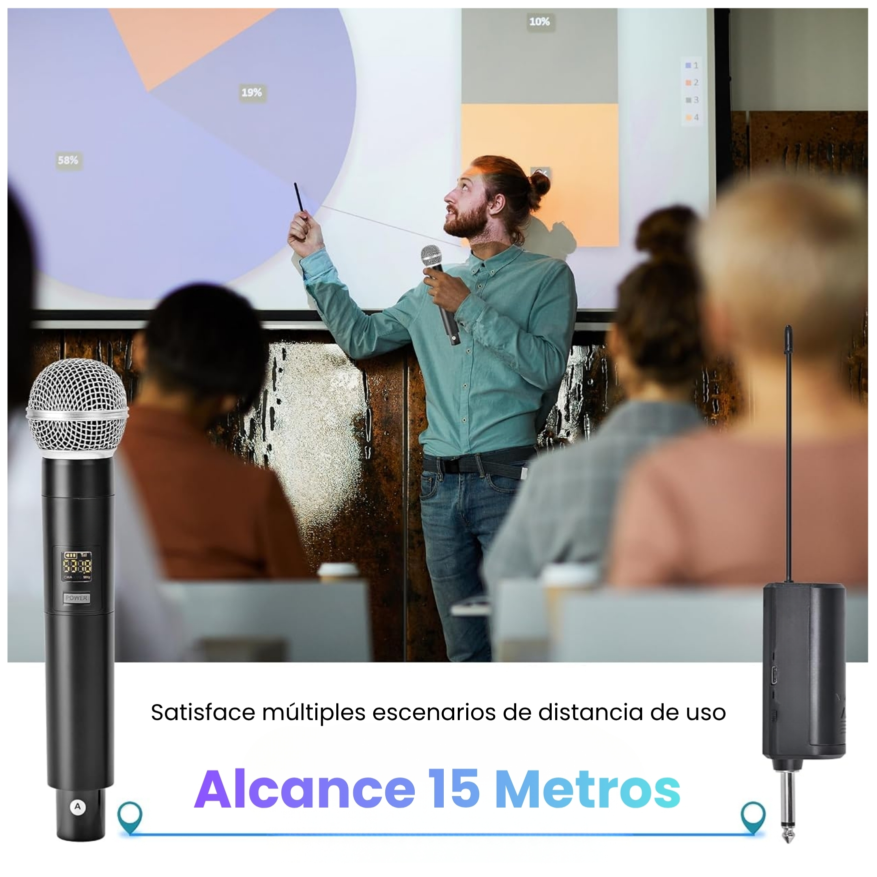 MICRÓFONO INALÁMBRICO PARA ESCENARIO EVENTOS KARAOKE 2 UND DUAL UHF 15M  RECARGABLE GREEN - 5