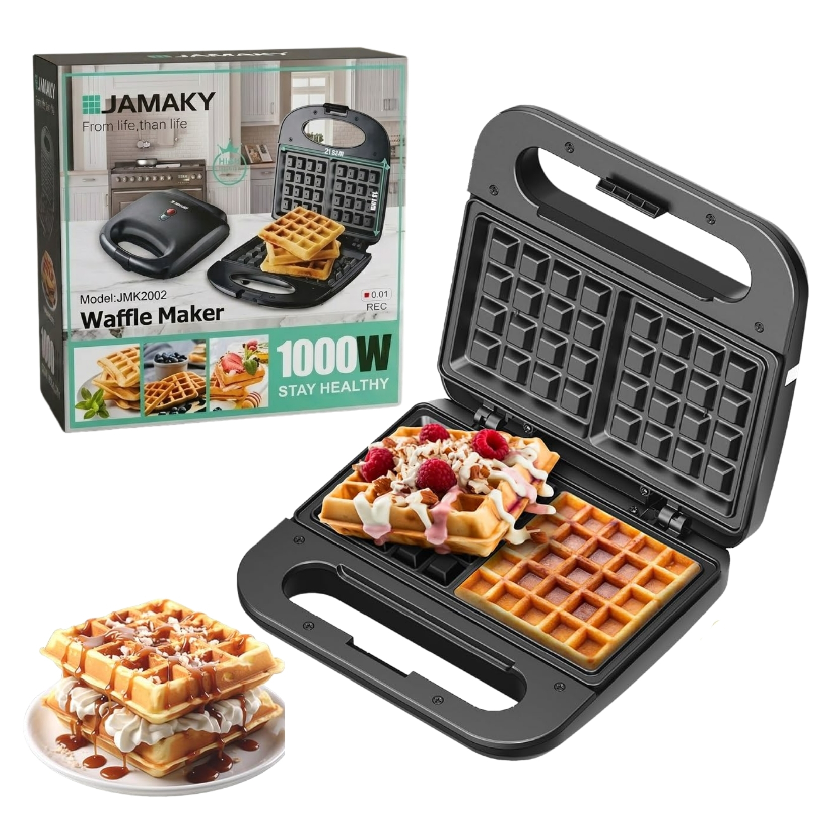 WAFFLERA ELÉCTRICA ANTIADHERENTE 1000W MAQUINA WAFLERA DESAYUNOS JAMAKY - 1