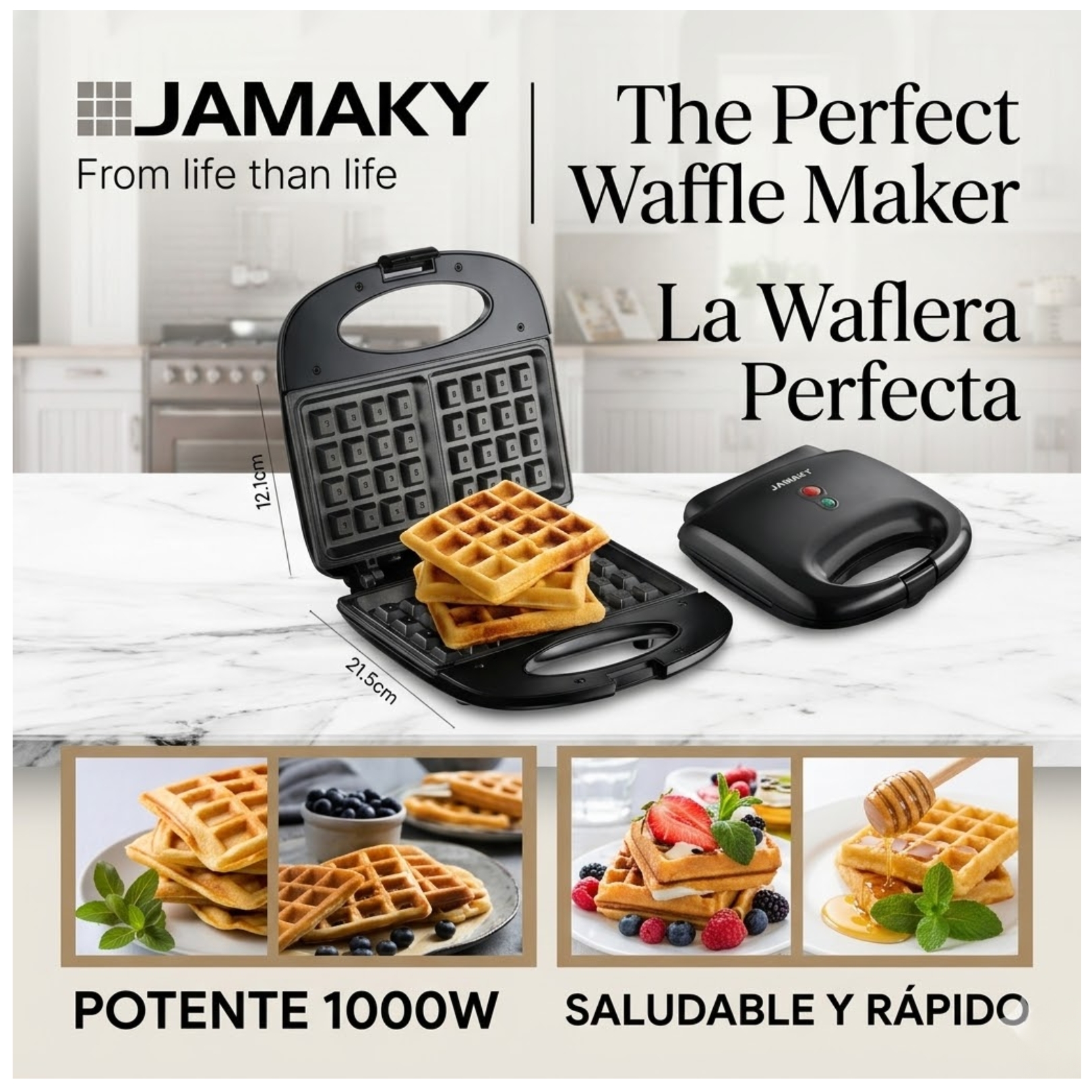 WAFFLERA ELÉCTRICA ANTIADHERENTE 1000W MAQUINA WAFLERA DESAYUNOS JAMAKY - 2