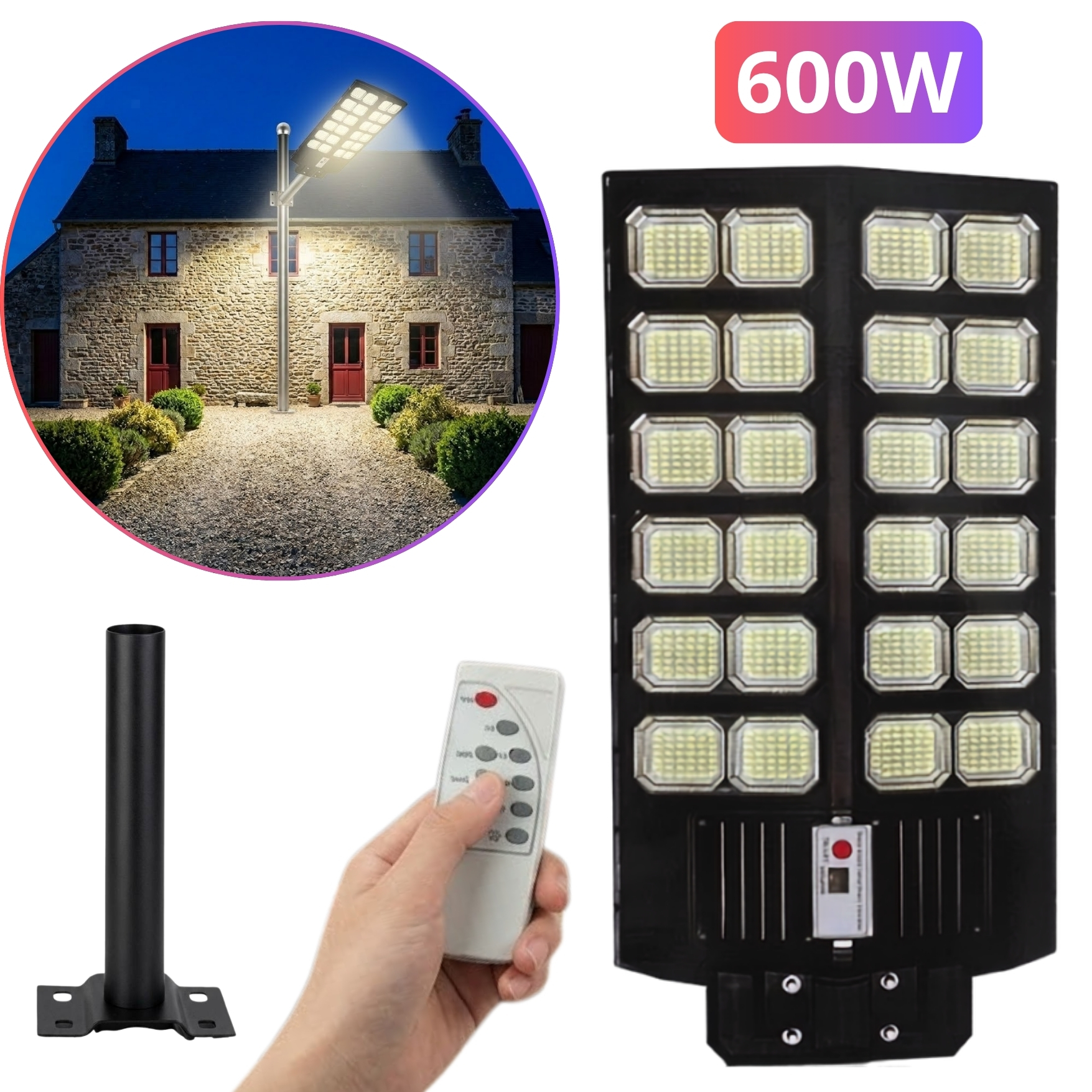 REFLECTOR FAROLA LUZ LED CON PANEL SOLAR LAMPARA ILUMINACIÓN SOLAR 600W + SOPORTE CONTROL REMOTO - 1