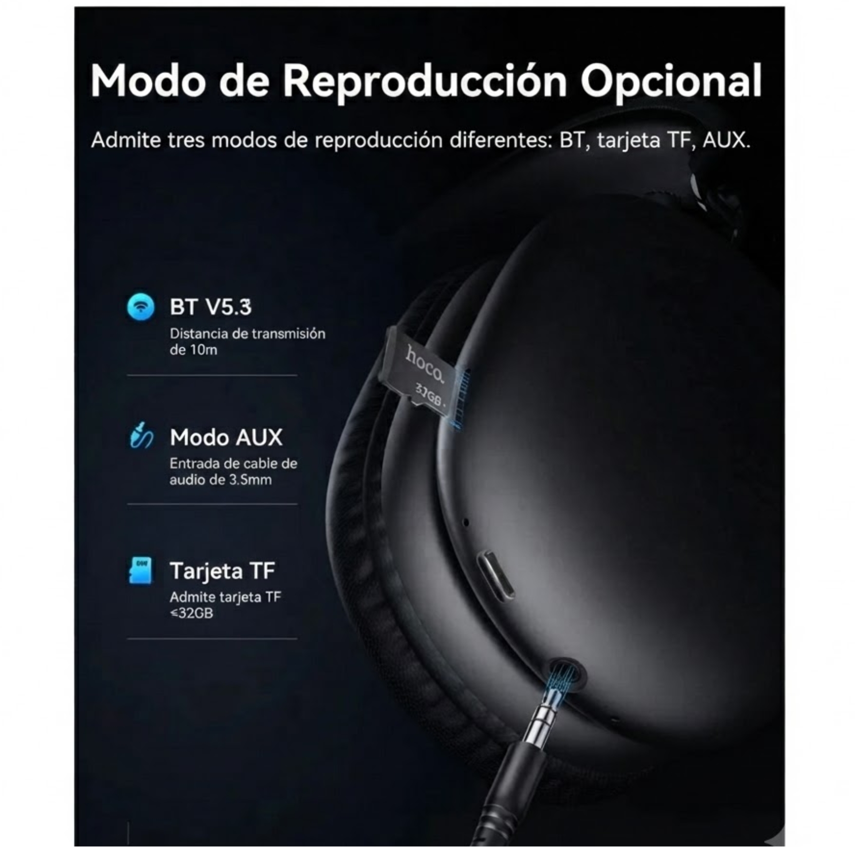 AUDIFONO BLUETOOTH HOCO W35 MAX INALÁMBRICO DE VINCHA 90 HORAS BATERÍA OVER EAR - 3