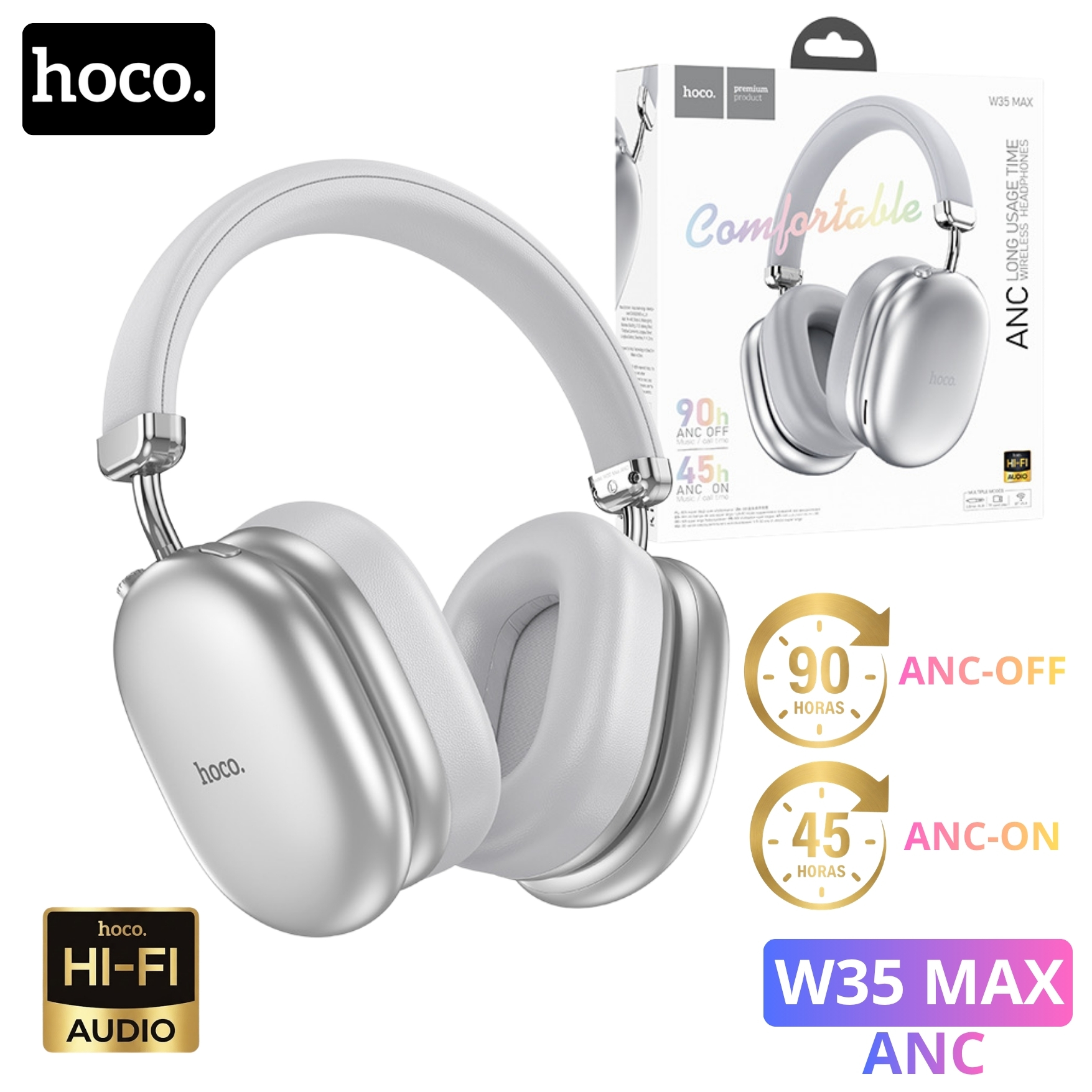 AUDIFONO CON CANCELACIÓN DE RUIDO HOCO W35 MAX ANC CON MICRÓFONO 90H ANC OFF / 45H ANC ON - 1