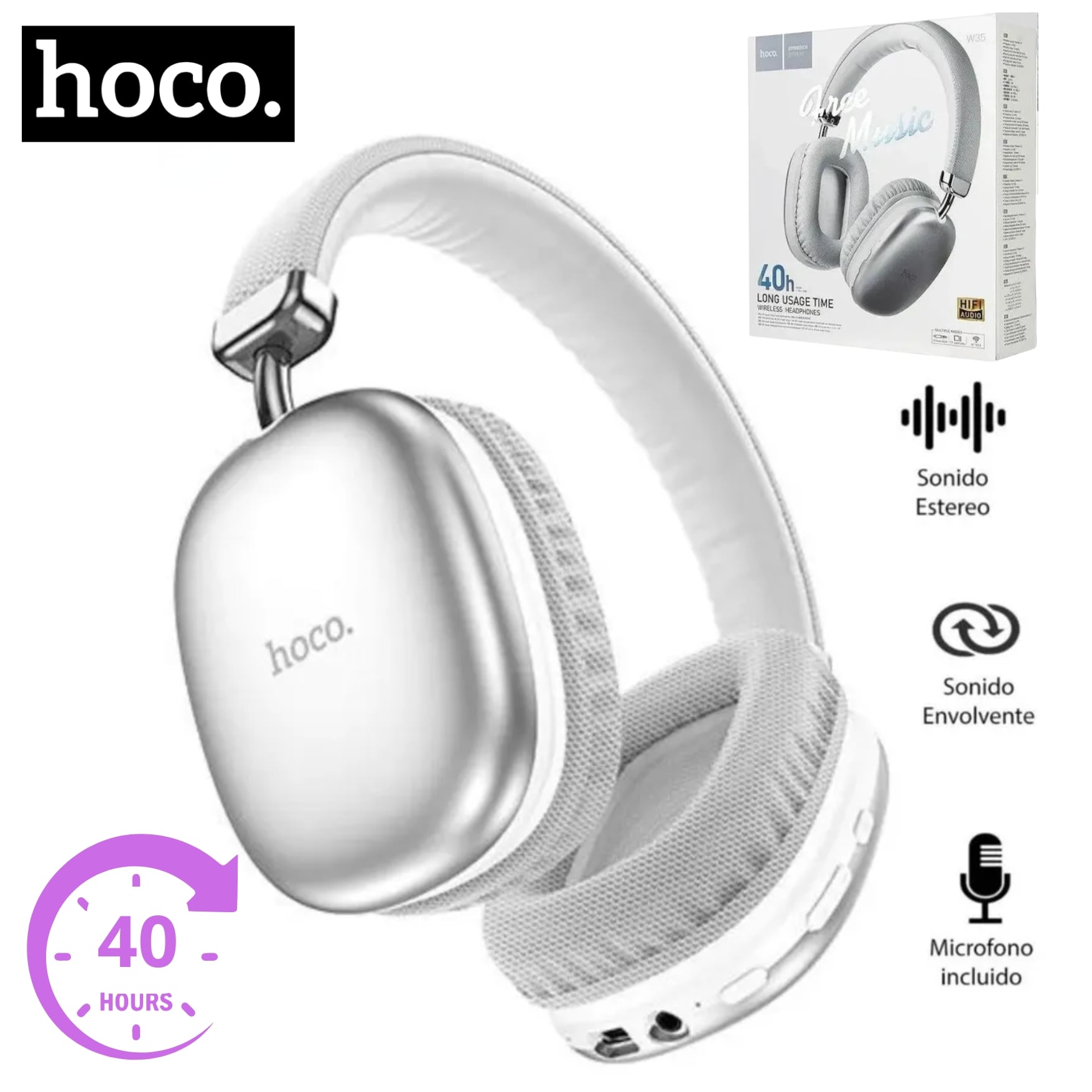 AUDIFONO INALAMBRICO BLUETOOTH HOCO W35 OVER-EAR 40 HORAS MUSICA SONIDO HIFI, RANURA MICRO SD - 1