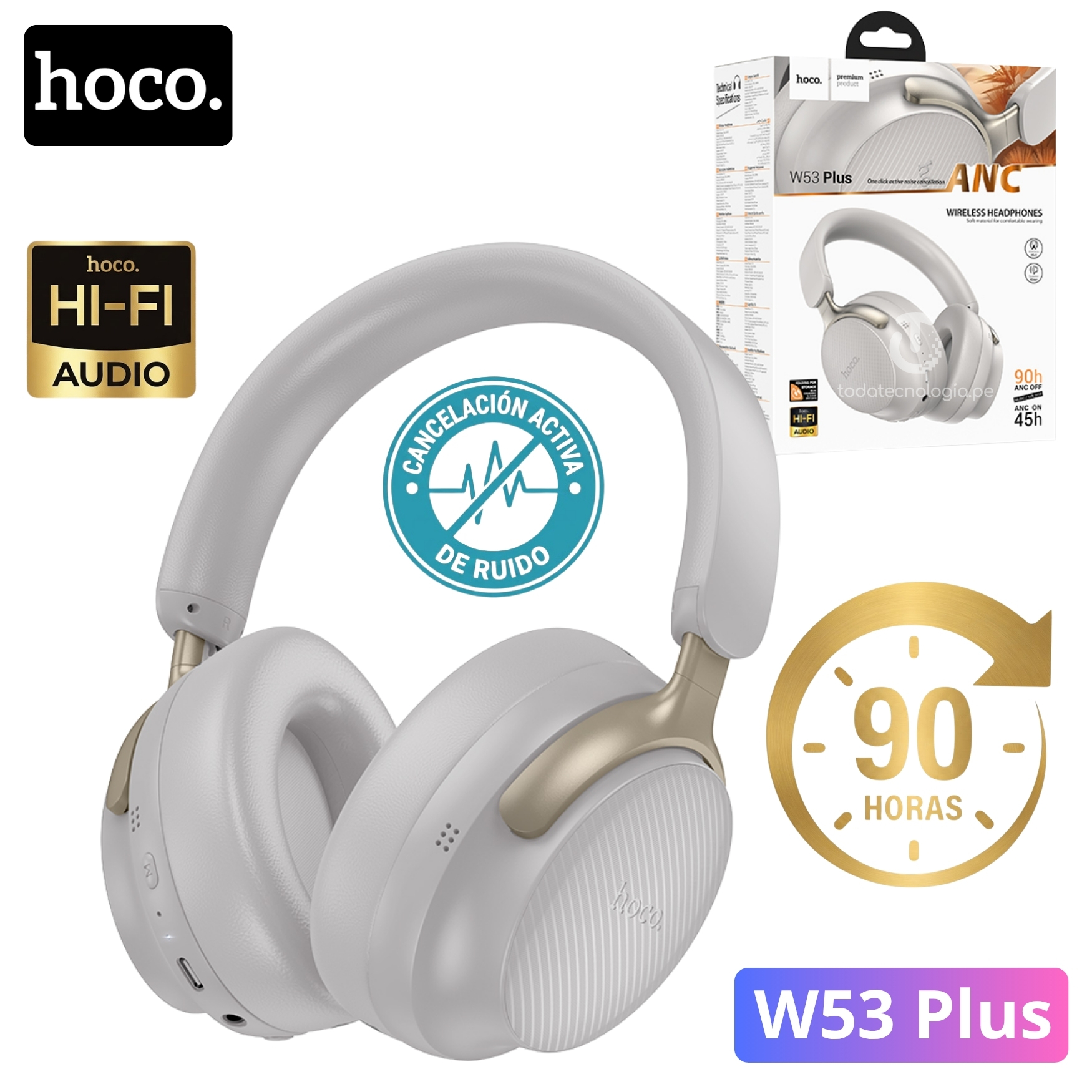 AUDIFONO CON CANCELACIÓN DE RUIDO HOCO W53 PLUS CON MICRÓFONO 90 HORAS OFF ANC / 45 HORAS ANC ON - 1