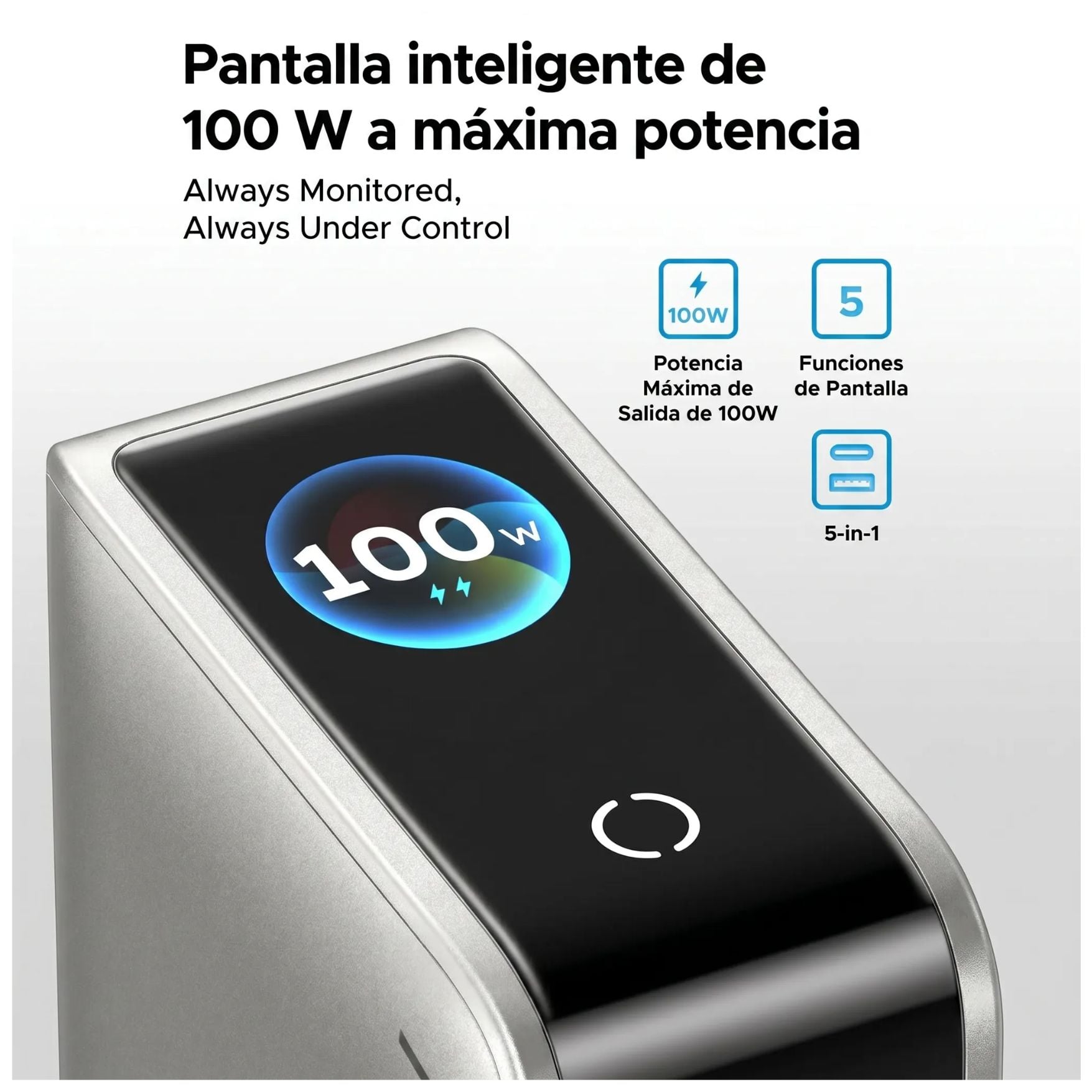 CARGADOR GAN 100W UGREEN NEXODE PRO TIPO C - USB CARGA RÁPIDO 5 PUERTOS PANTALLA PARA MACBOOK PRO - 3