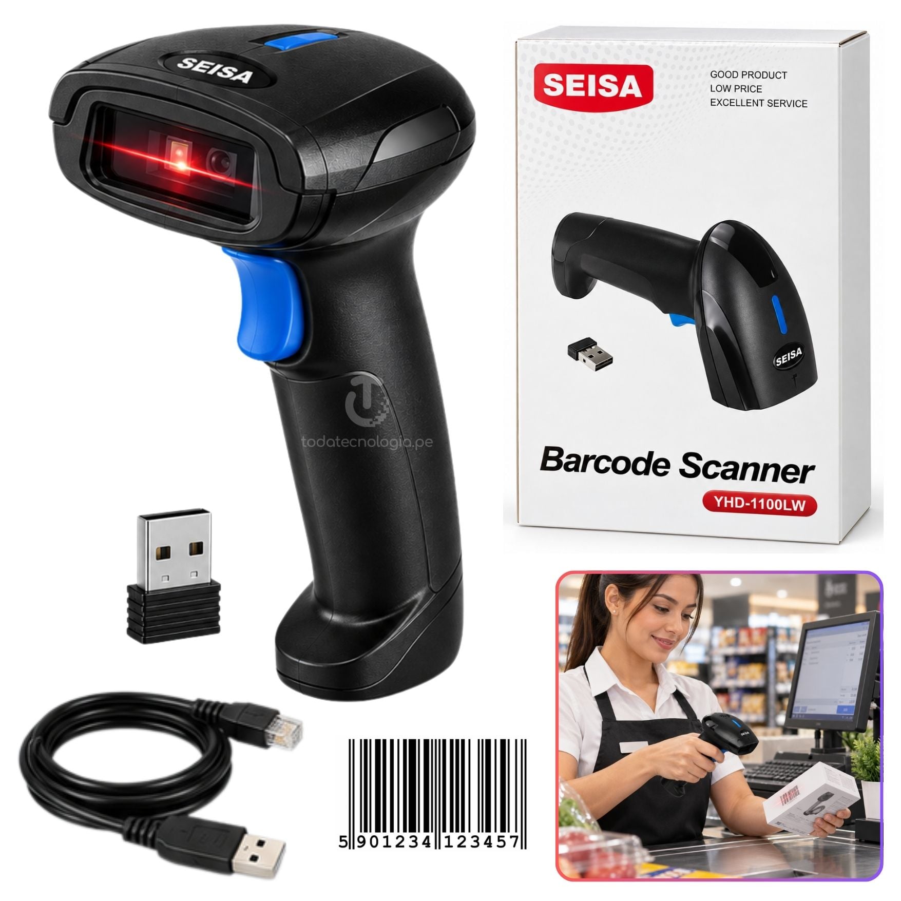 LECTOR CODIGO DE BARRAS SEISA INALAMBRICO USB 2.4 RECARGABLE LARGO ALCANCE - 1