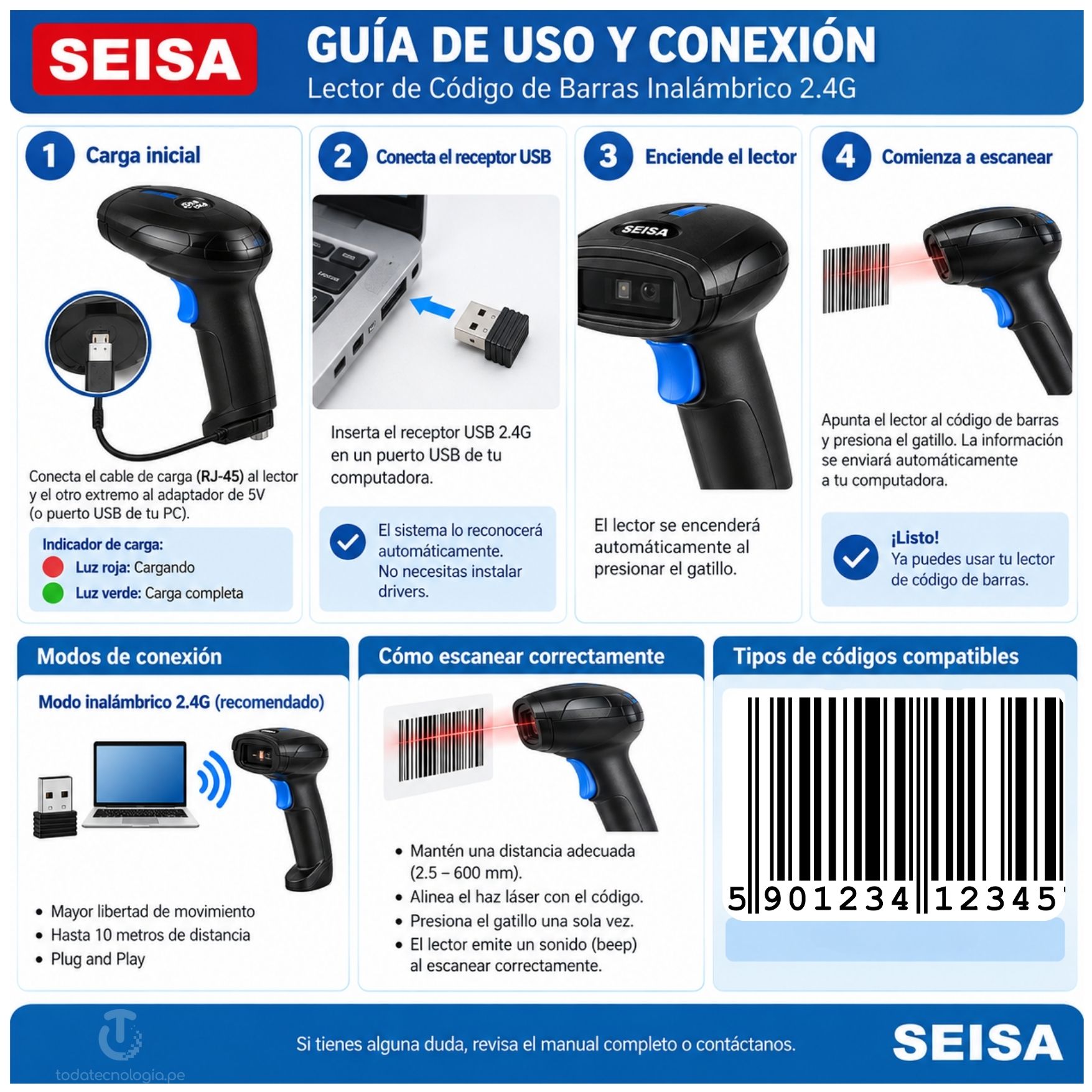 LECTOR CODIGO DE BARRAS SEISA INALAMBRICO USB 2.4 RECARGABLE LARGO ALCANCE - 4