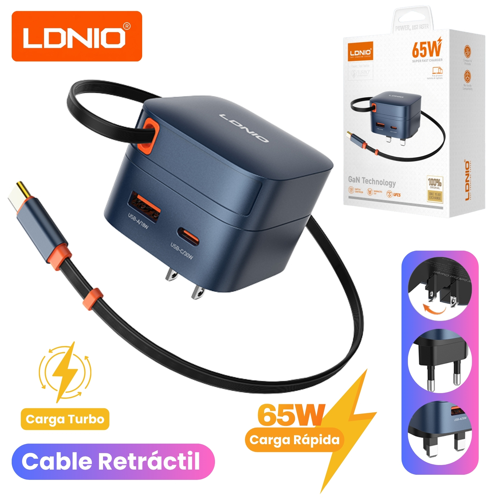 CARGADOR LDNIO GAN 65W , CARGA RÁPIDA TURBO CON CABLE RETRÁCTIL PARA LAPTOP MACBOOK - 1