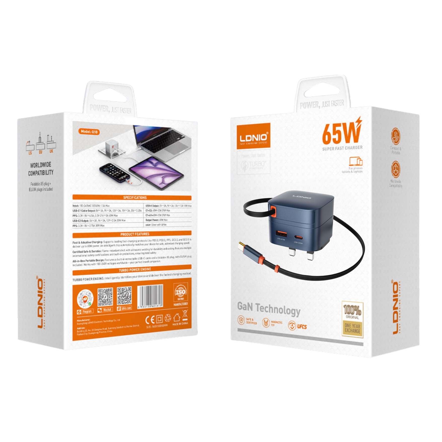 CARGADOR LDNIO GAN 65W , CARGA RÁPIDA TURBO CON CABLE RETRÁCTIL PARA LAPTOP MACBOOK - 7