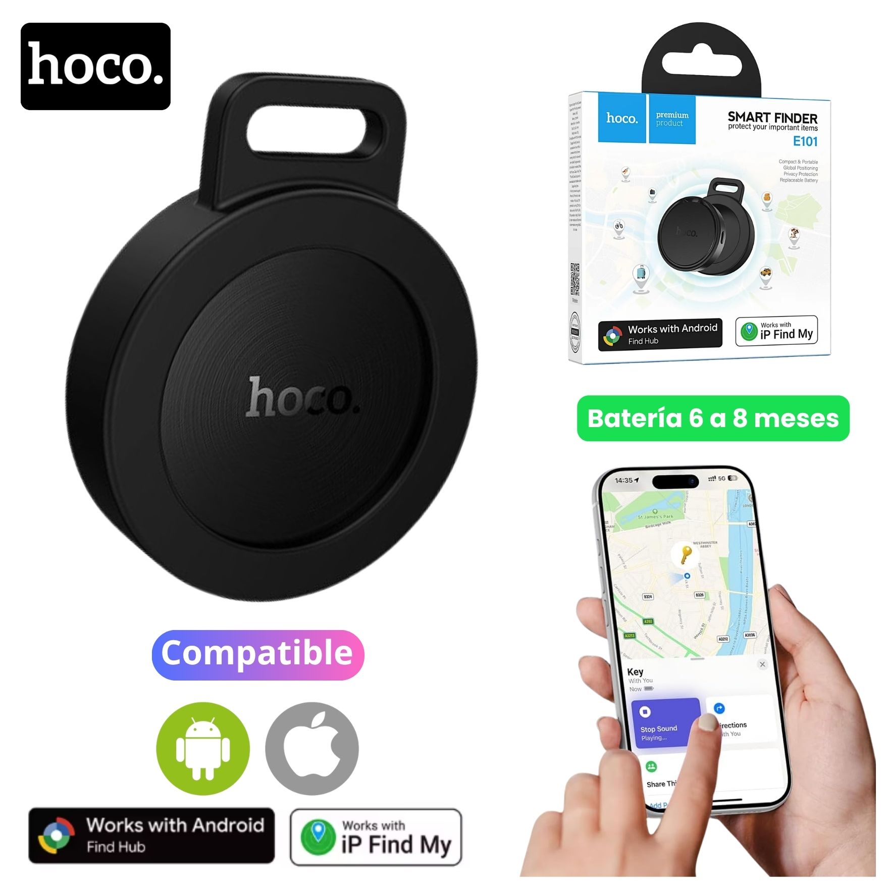 LOCALIZADOR INTELIGENTE RASTREADOR GPS HOCO E101 SMART FINDER DUAL IPHONE Y ANDROID - 1