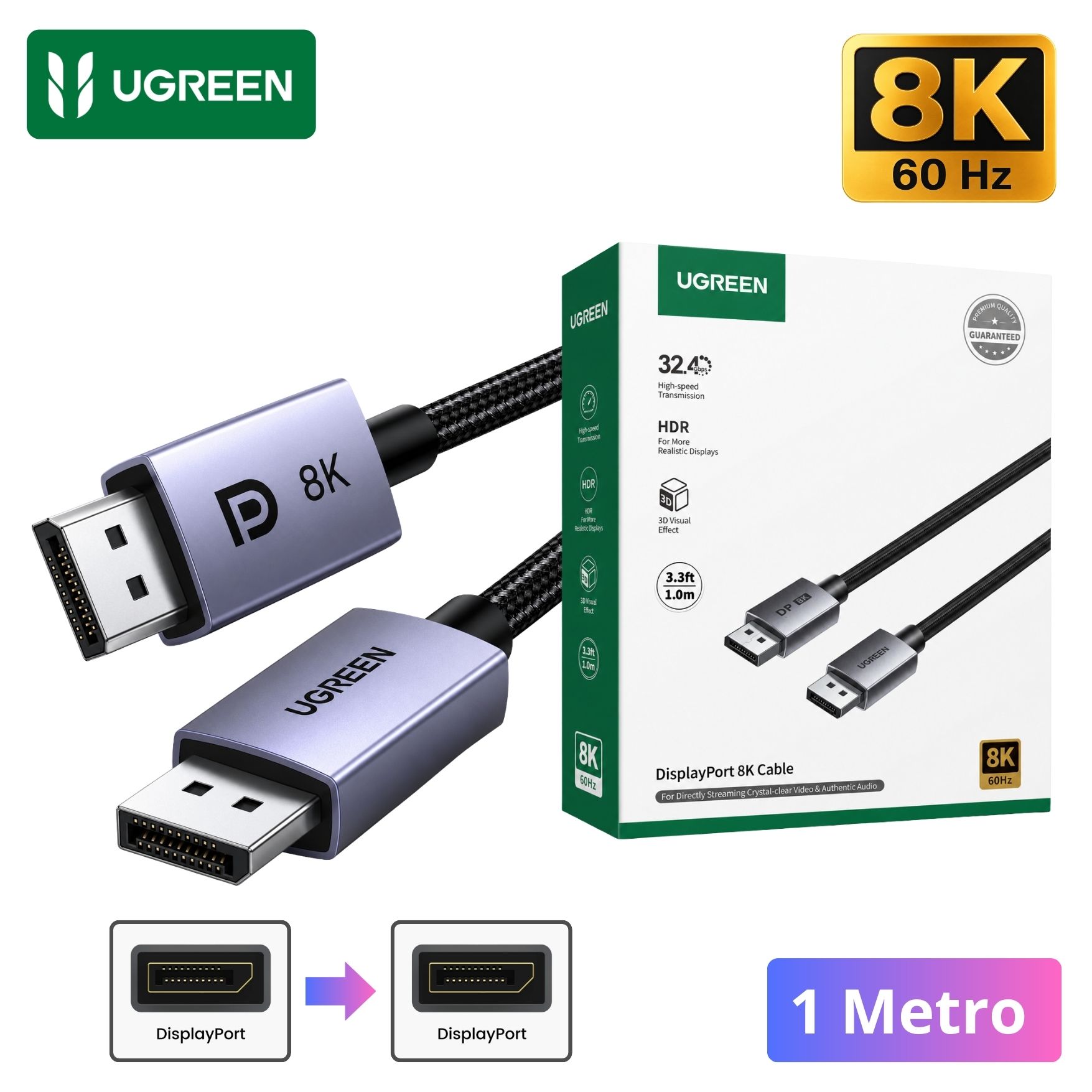 CABLE DISPLAYPORT UGREEN SOPORTA 8K@60HZ, 4K@144HZ/240HZ, 32.4 GBPS CABLE DPI 1M DP120 – 25903 - 1