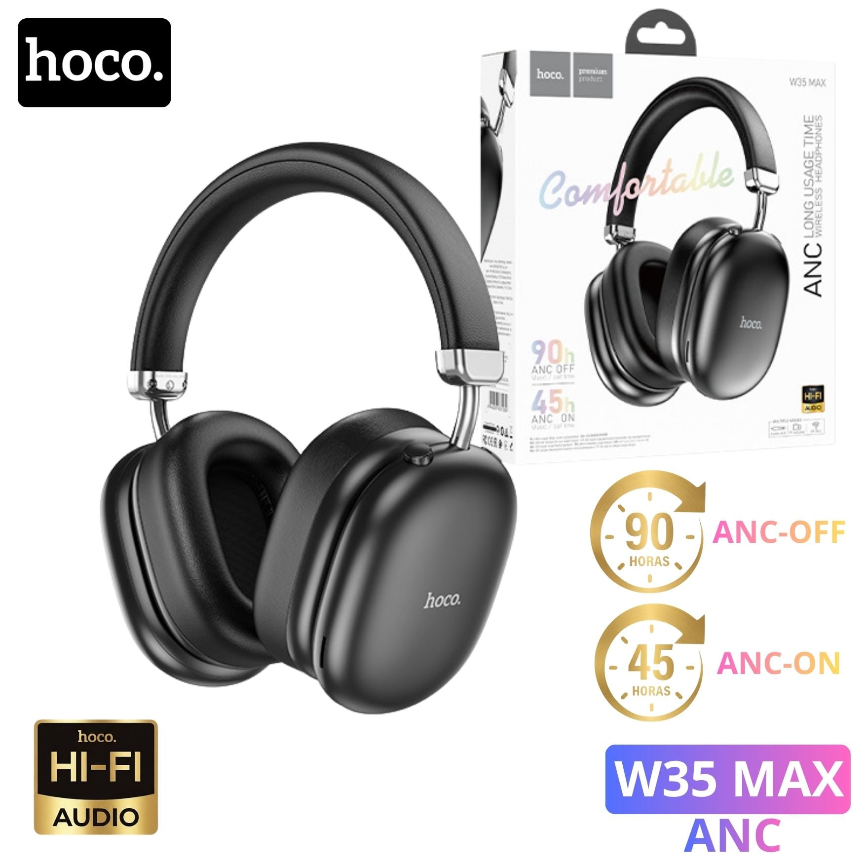 AUDIFONO CON CANCELACIÓN DE RUIDO HOCO W35 MAX ANC CON MICRÓFONO 90H ANC OFF / 45H ANC ON - 1