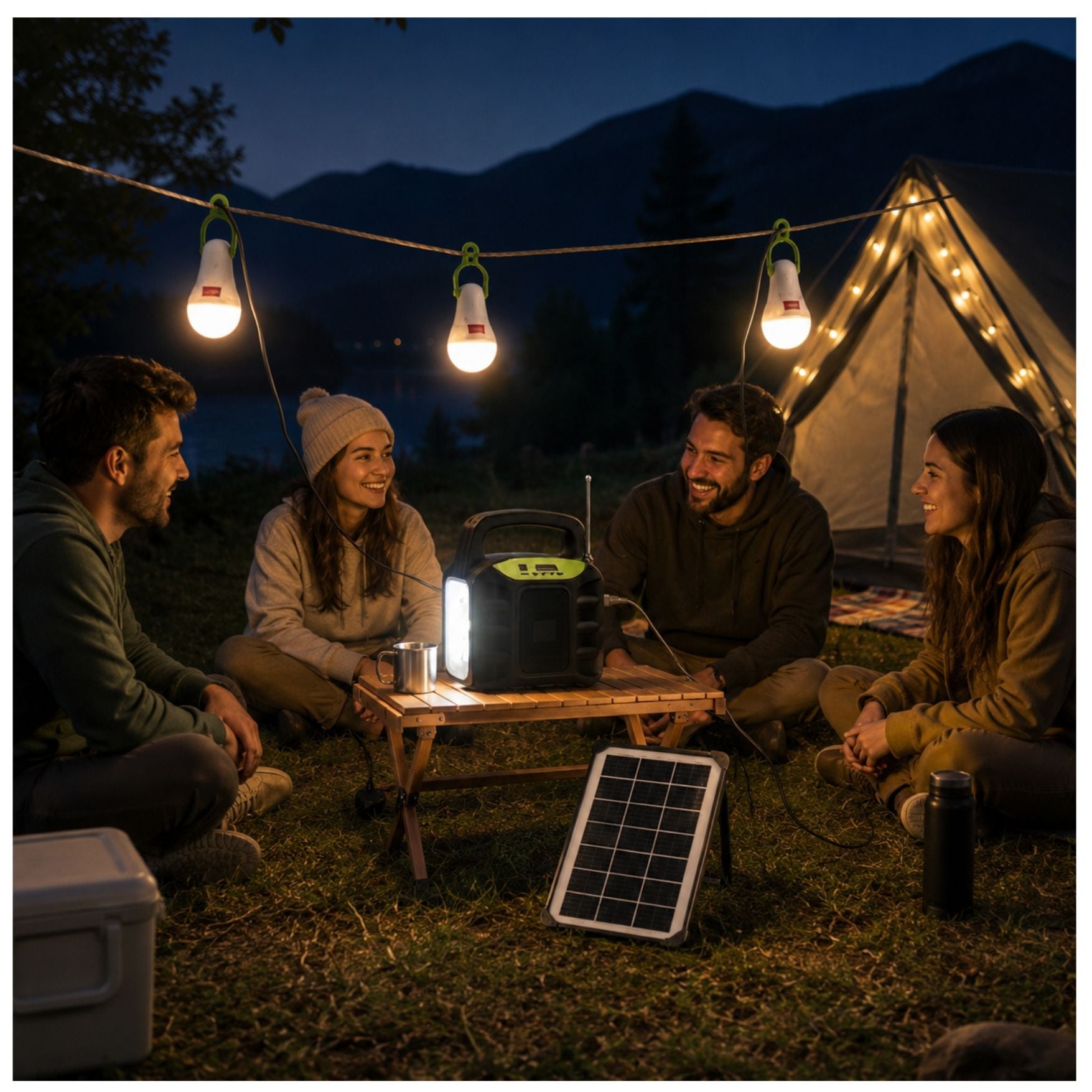 FUENTE ENERGIA SOLAR PORTÁTIL PANEL SOLAR PARLANTE BLUETOOTH RADIO FM LINTERNA 3 FOCOS CAMPING - 4