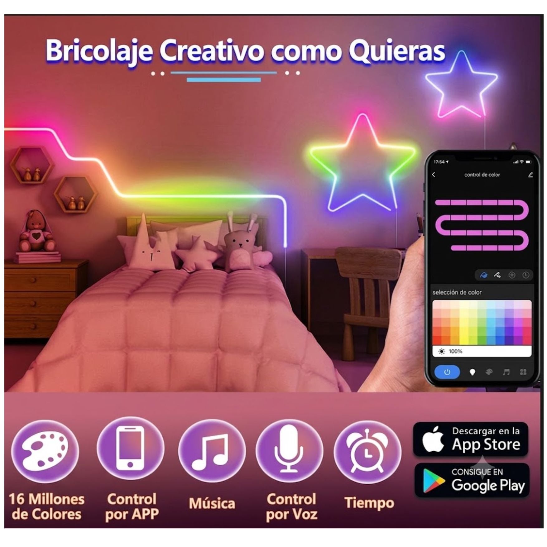 CINTA LUCES NEÓN RGB 5M BLUETOOTH APP RITMO MUSICAL Y CONTROL - 3