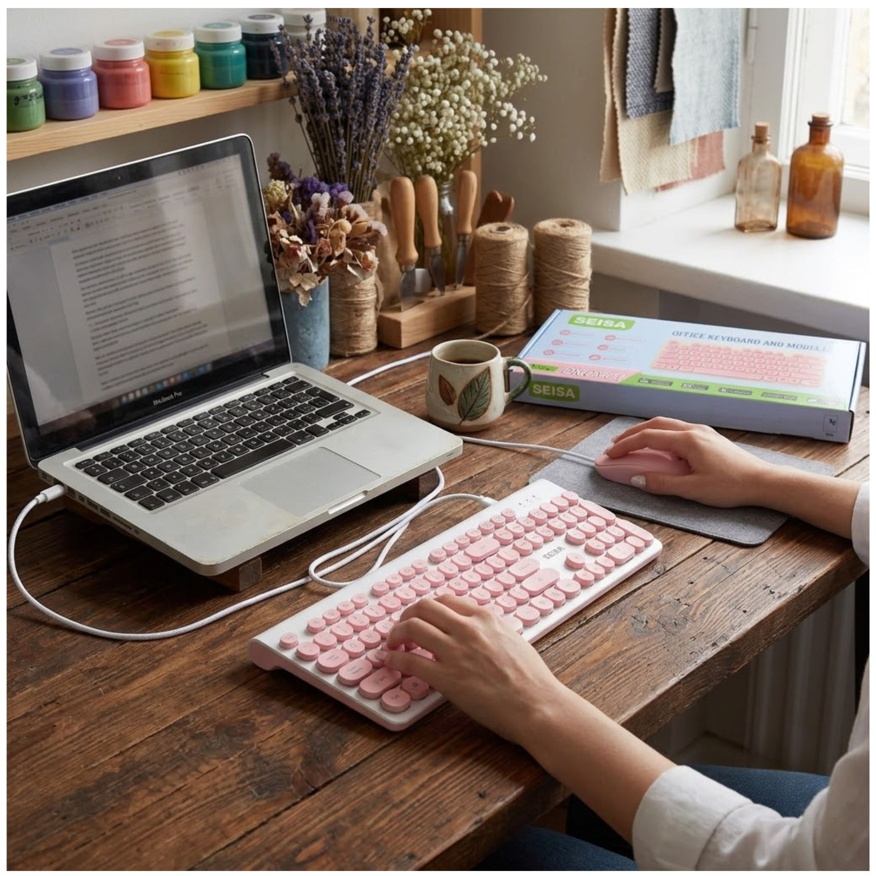 TECLADO Y MOUSE CON CABLE USB PARA PC NOTEBOOK LAPTOP COMBO - ROSADO - 5
