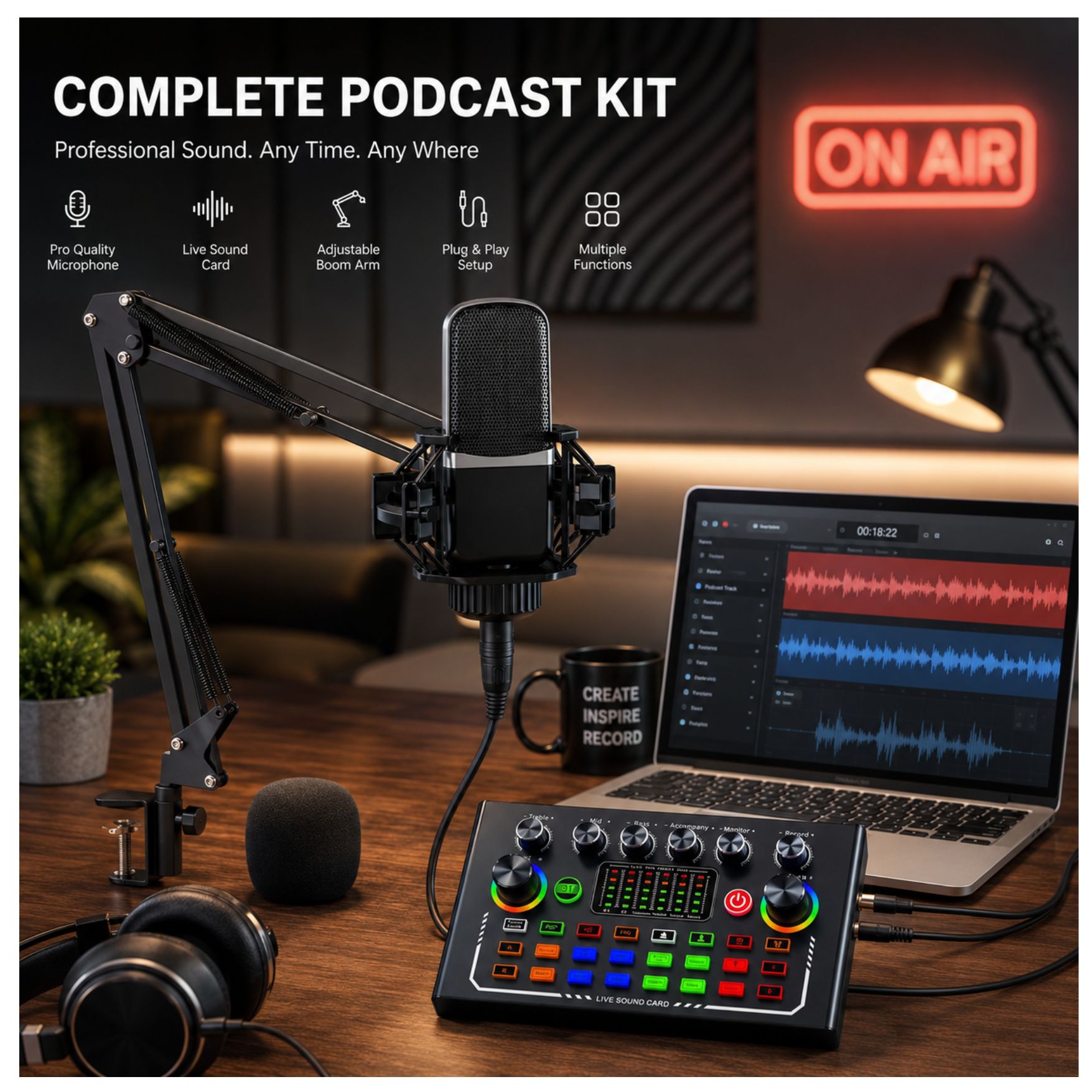 KIT DE MICRÓFONO CONDENSADOR DE ESTUDIO CON TARJETA DE SONIDO MEZCLADORA, BRAZO ARTICULADO PODCAST - 3