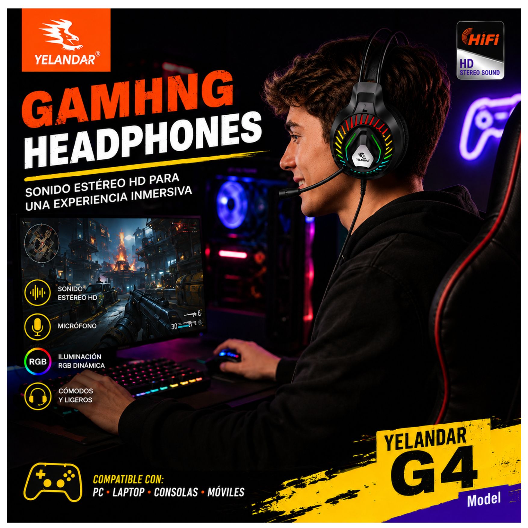 AUDIFONO GAMER CON LUCES RGB Y MICROFONO PARA PC LAPTOP PS4 SWITCH CON ENTRADA JACK 3.5MM - 5