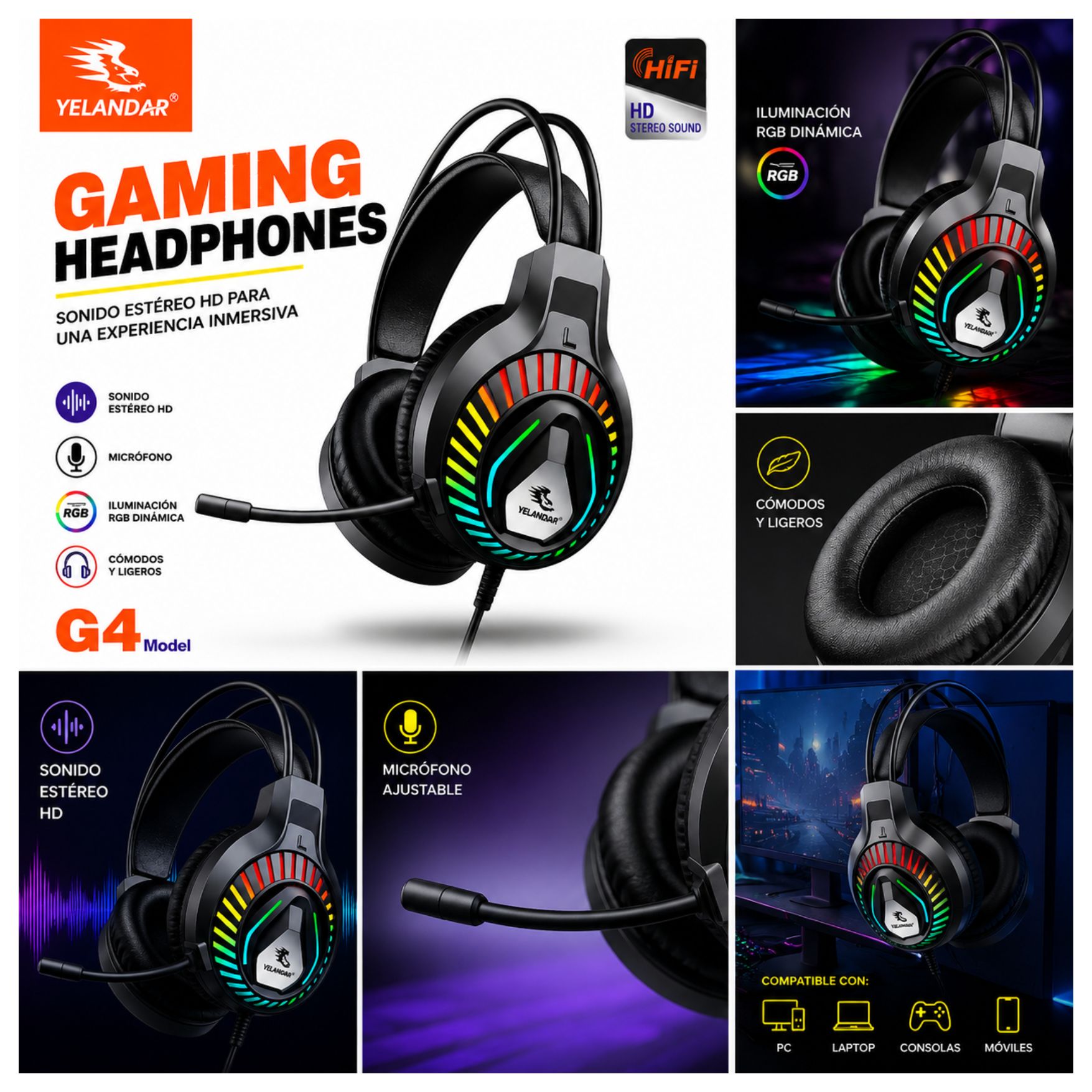 AUDIFONO GAMER CON LUCES RGB Y MICROFONO PARA PC LAPTOP PS4 SWITCH CON ENTRADA JACK 3.5MM - 7