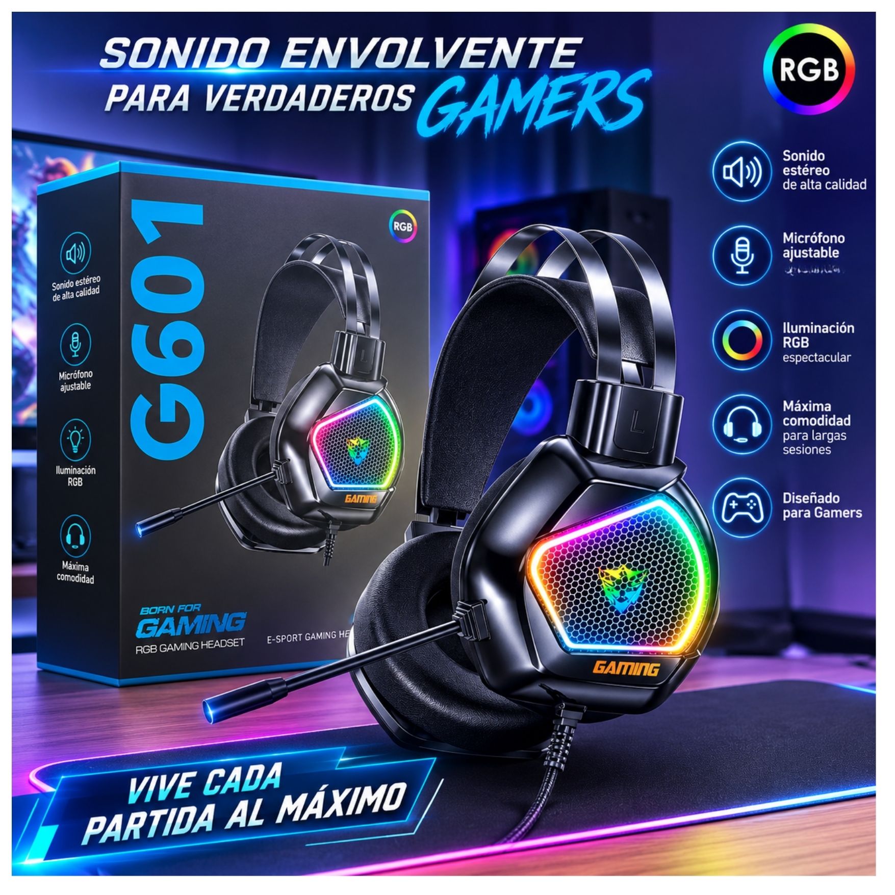 AUDIFONO GAMER CON MICRÓFONO RGB 7.1 USB PARA LAPTOP PC GAMING - 2