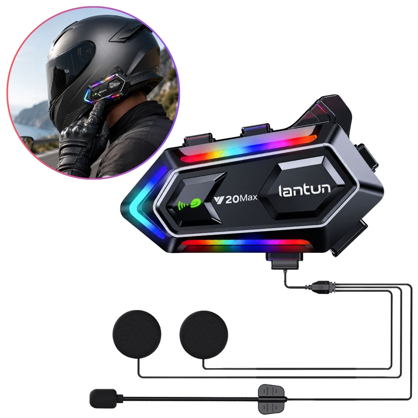 AUDIFONO BLUETOOTH PARA CASCO DE MOTO Y20MAX CON LUZ RGB CON MICRÓFONO - 1