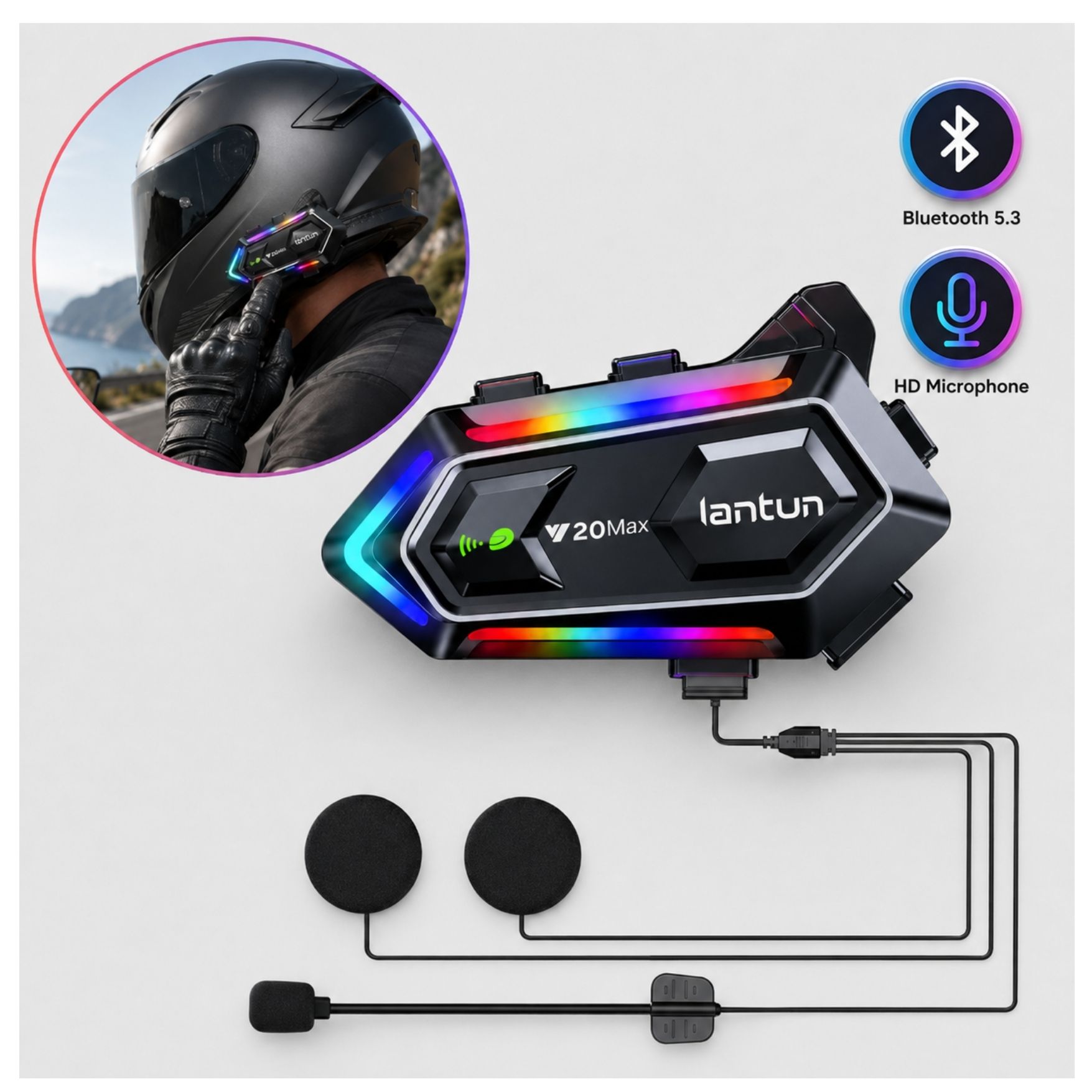 AUDIFONO BLUETOOTH PARA CASCO DE MOTO Y20MAX CON LUZ RGB CON MICRÓFONO - 2