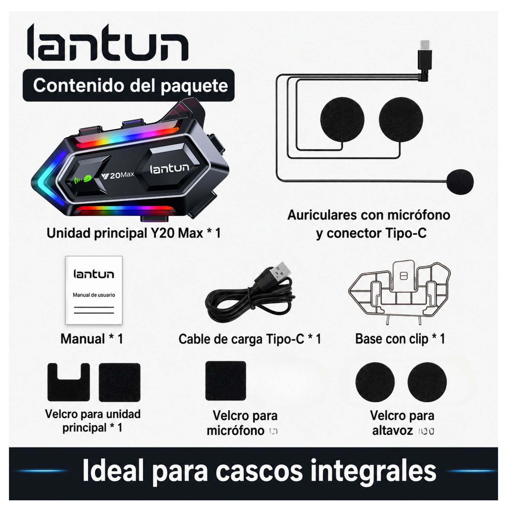 AUDIFONO BLUETOOTH PARA CASCO DE MOTO Y20MAX CON LUZ RGB CON MICRÓFONO - 7
