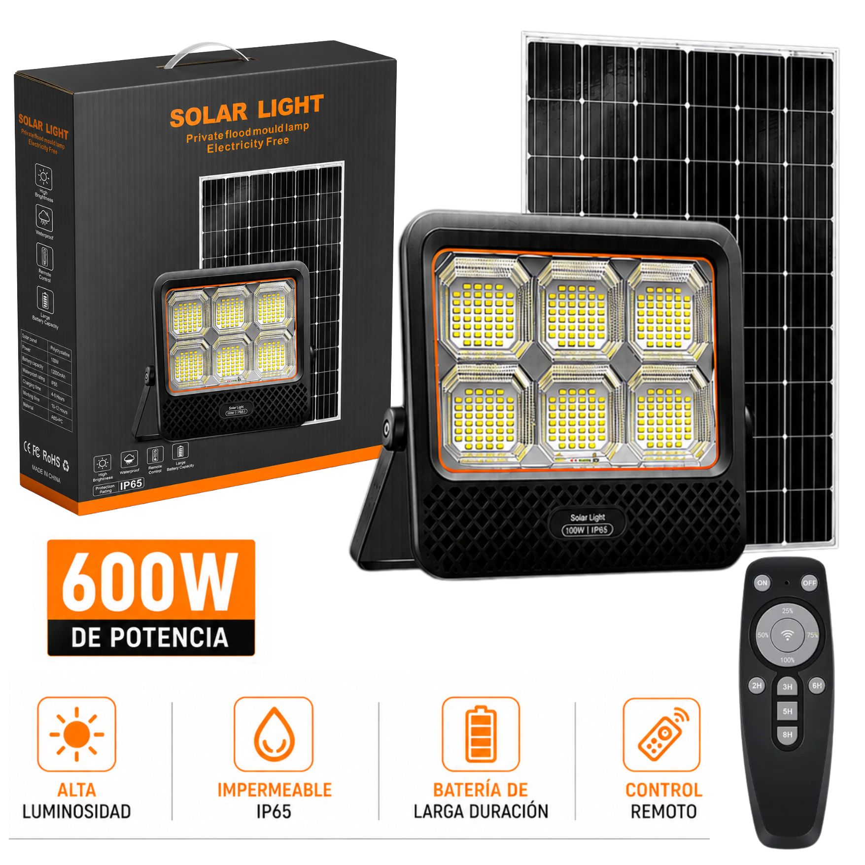REFLECTOR FAROLA LUZ LED 600W PANEL SOLAR CON CONTROL REMOTO PARA EXTERIOR CASA DE CAMPO, JARDÍN - 1